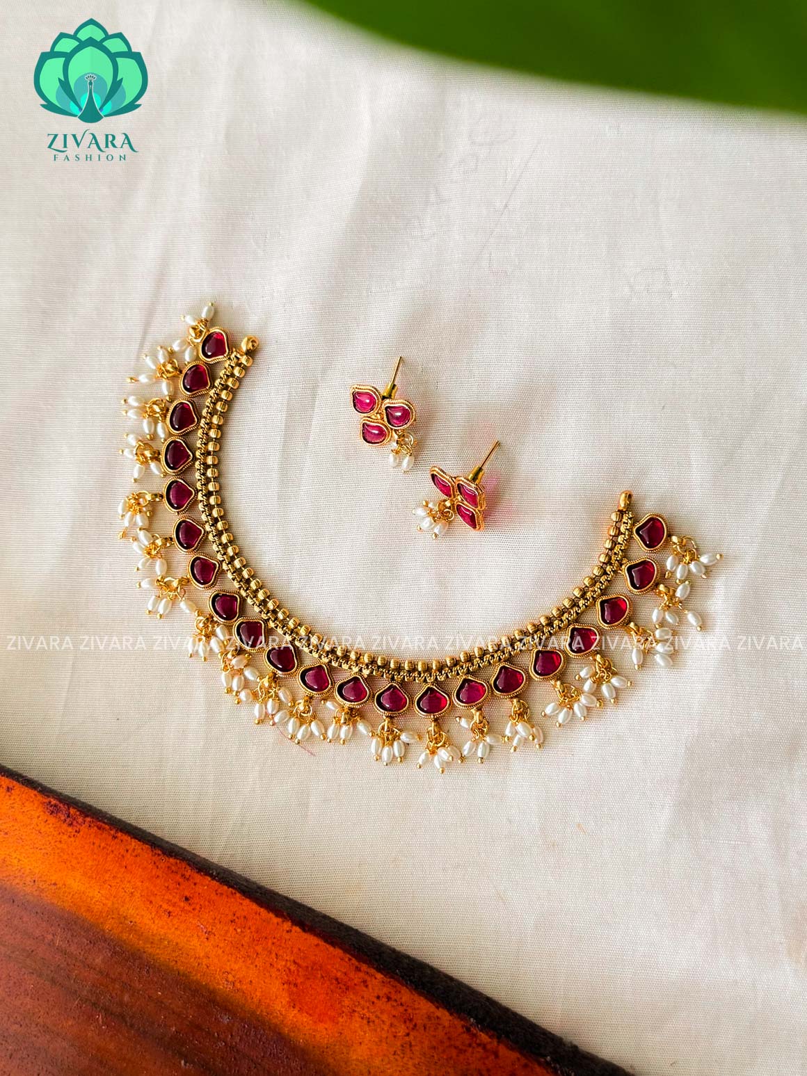 RUBY-POT -Traditional south indian NORMAL MATTE neckwear with earrings- Zivara Fashion- latest jewellery design.