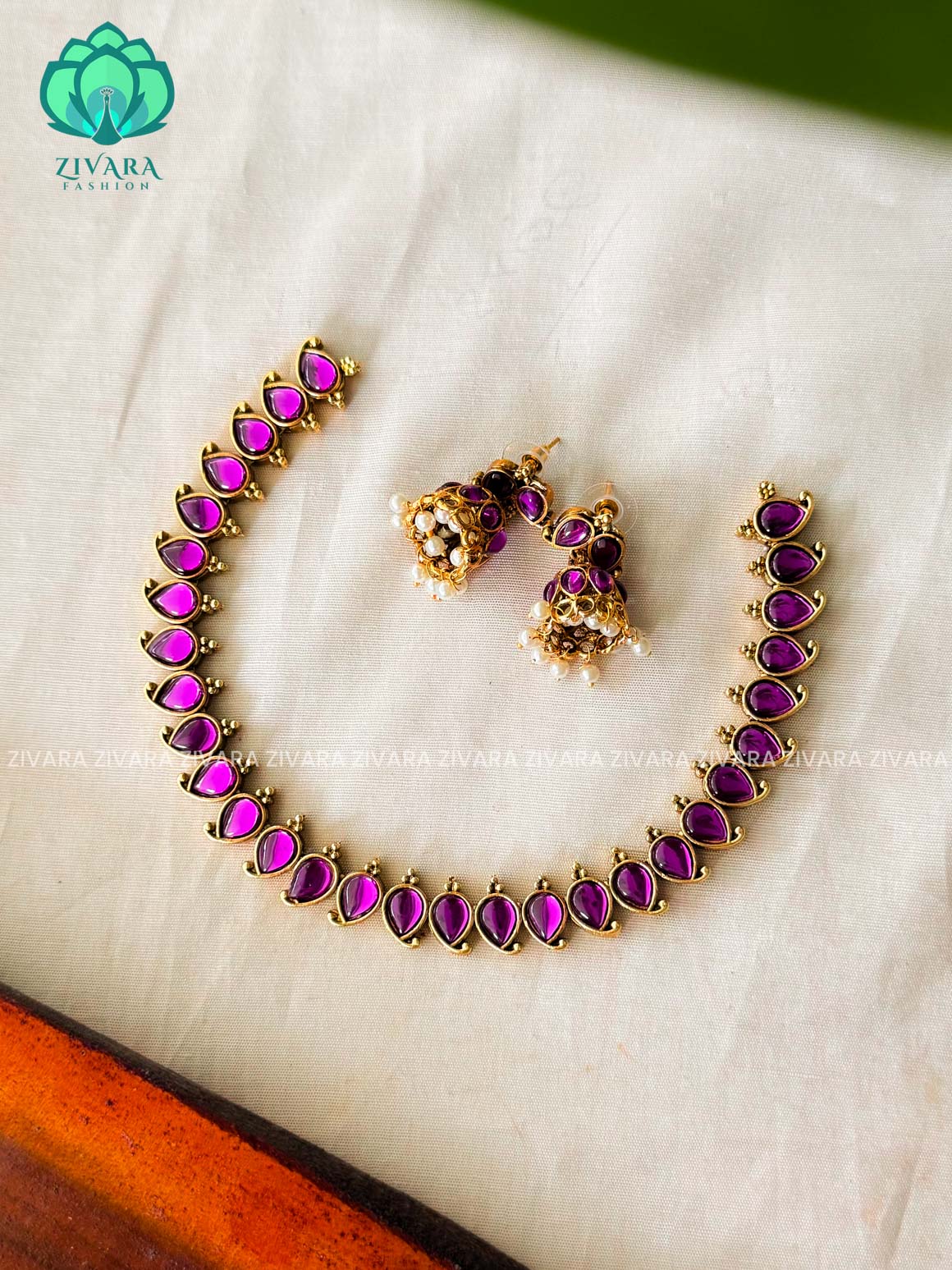 PURPLE / VIOLET -Traditional south indian NORMAL MATTE neckwear with earrings- Zivara Fashion- latest jewellery design.