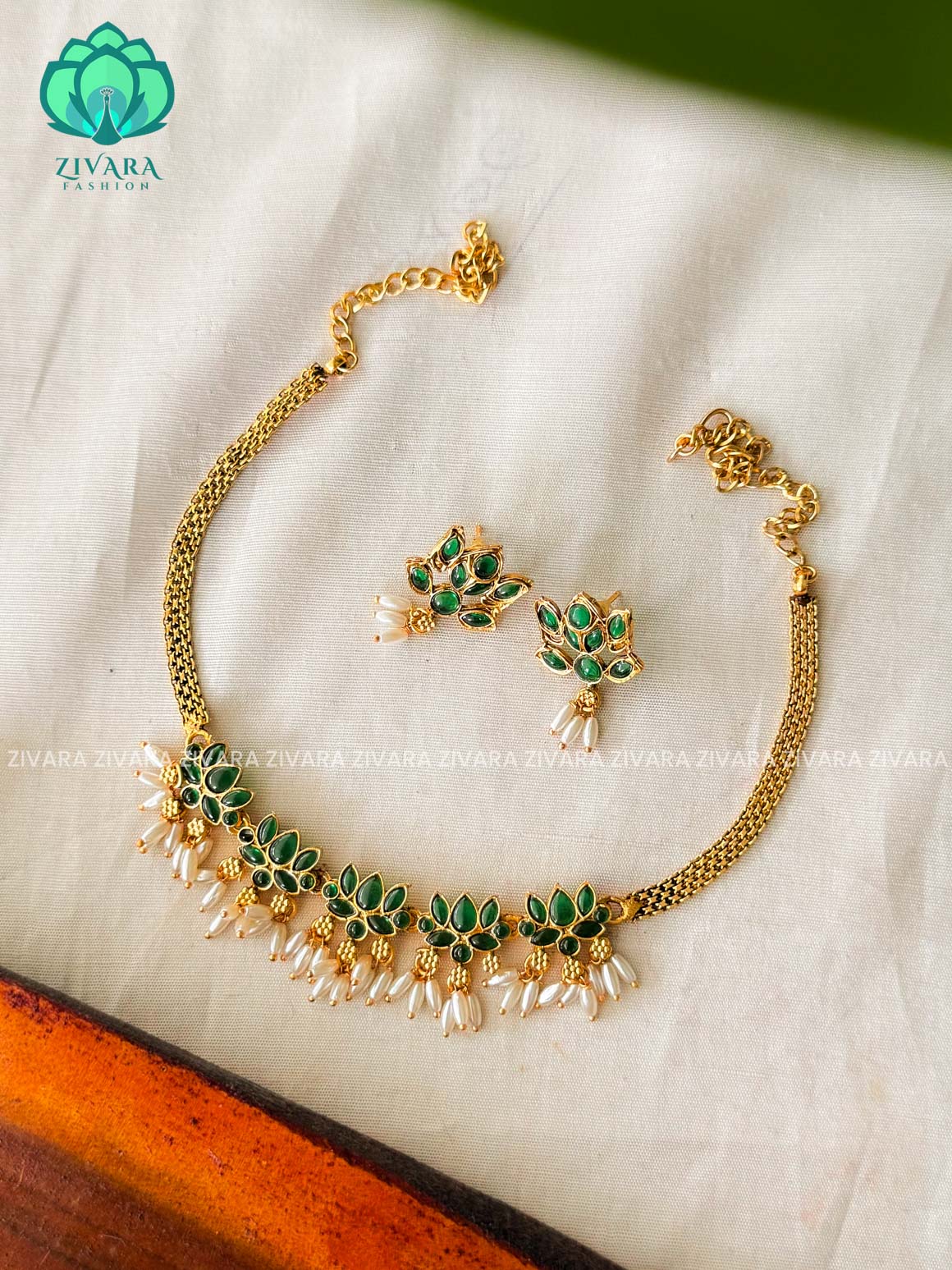 Green - trending lotus normal matte choker with earrings -latest south indian jewellery