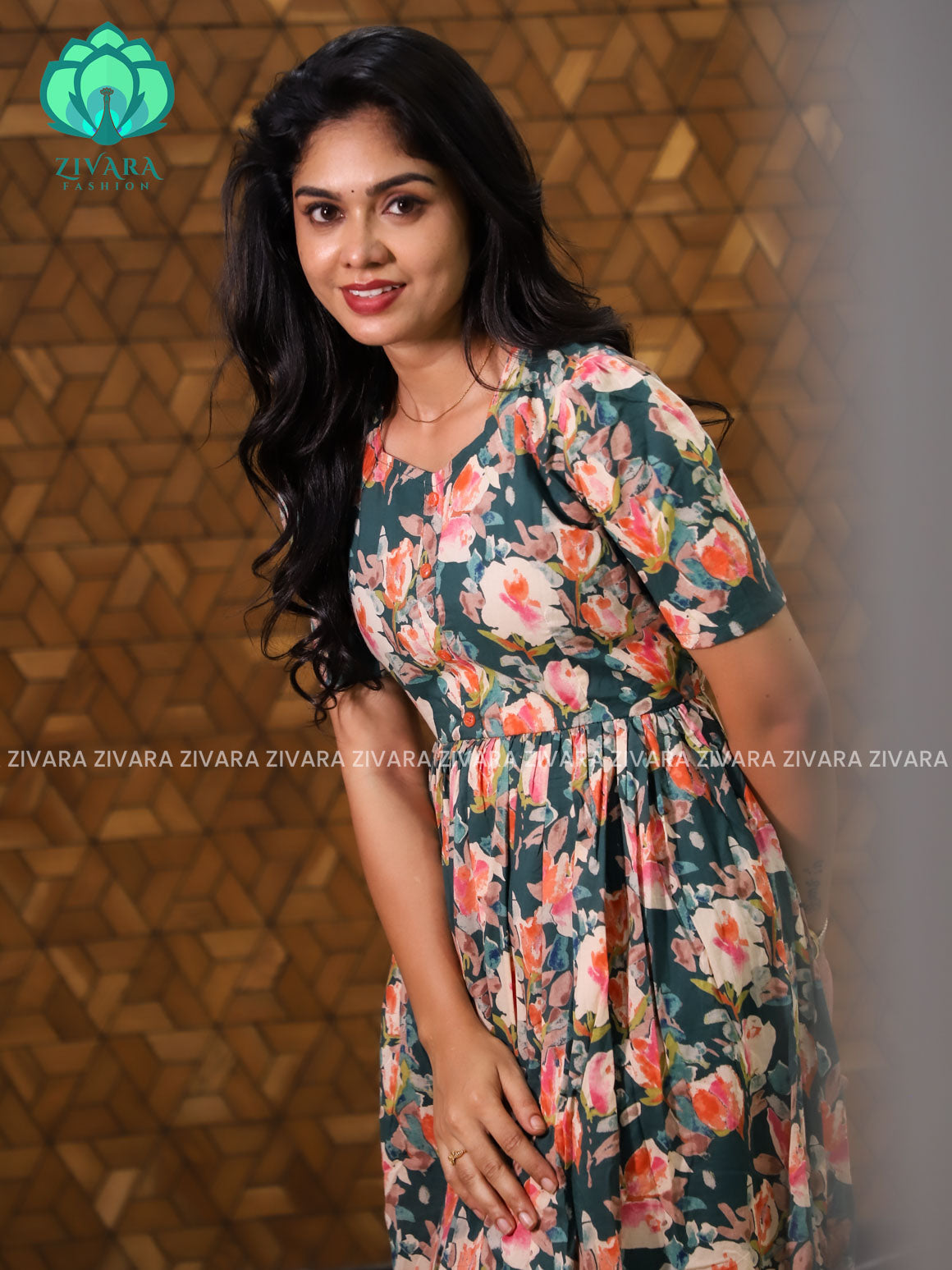 Aalia- Green floral cotton long maxi for women- Label Zivara
