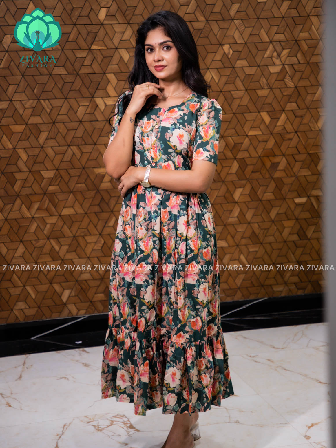 Aalia- Green floral cotton long maxi for women- Label Zivara