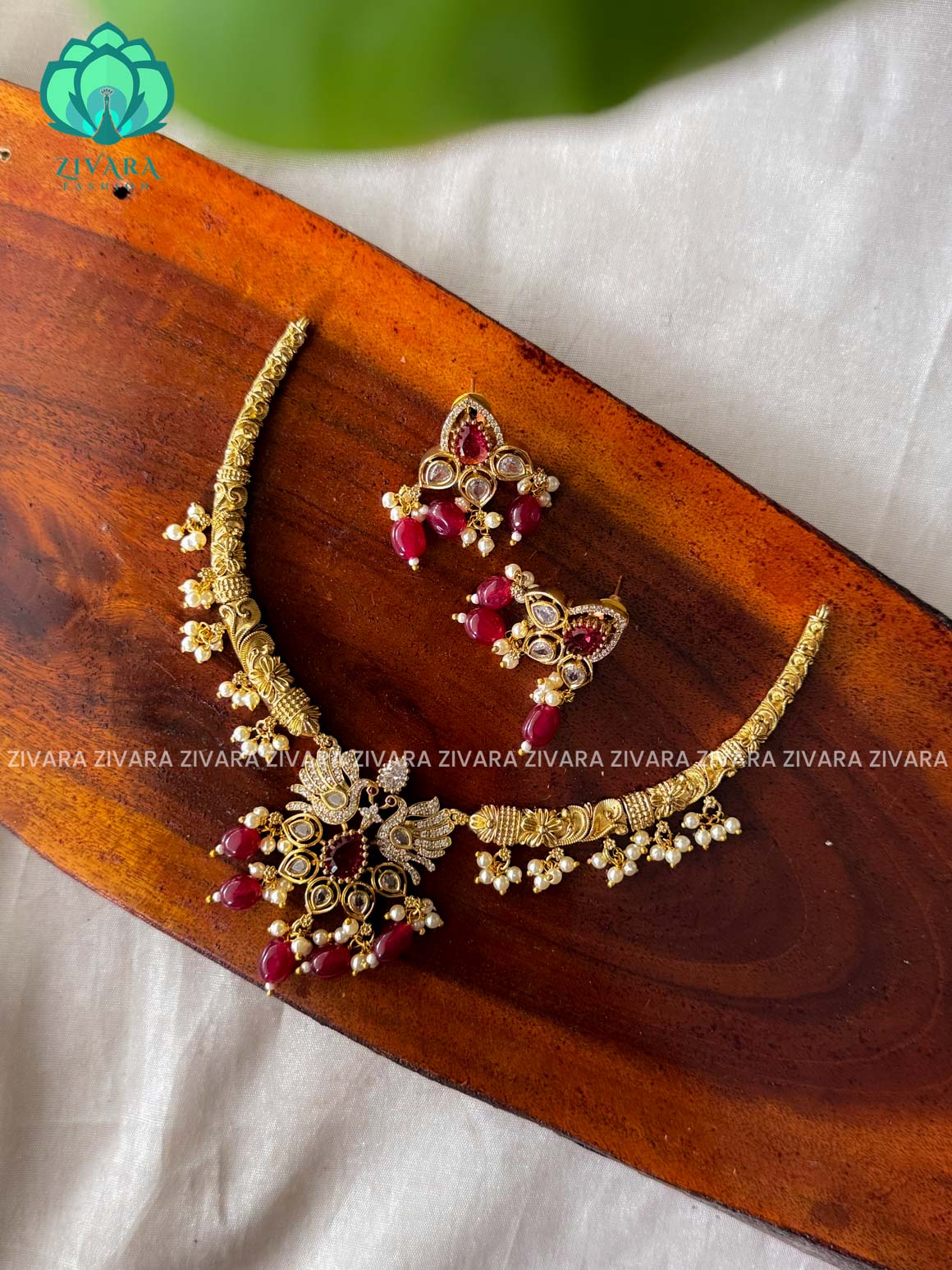 RUBY- PEACOCK- BRILLIANT finish horn neckwear with earrings  -  latest pocket friendly south indian jewellery collection