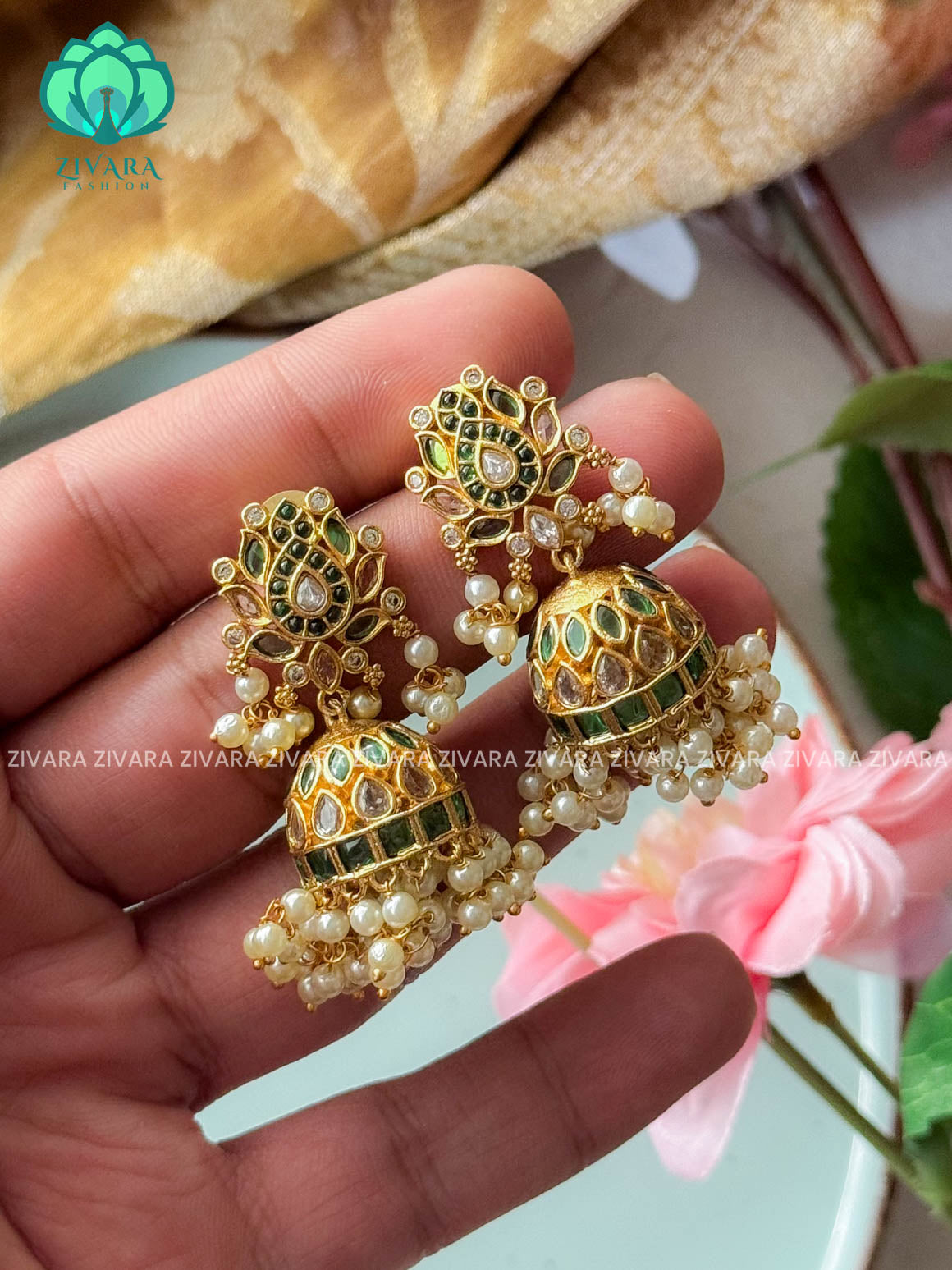 Meena  Green - Latest design Real kemp lotus jhumka 2 - TRADITIONAL PREMIUM MATTE polish JHUMKA- latest jewellery collection- zivara fashion