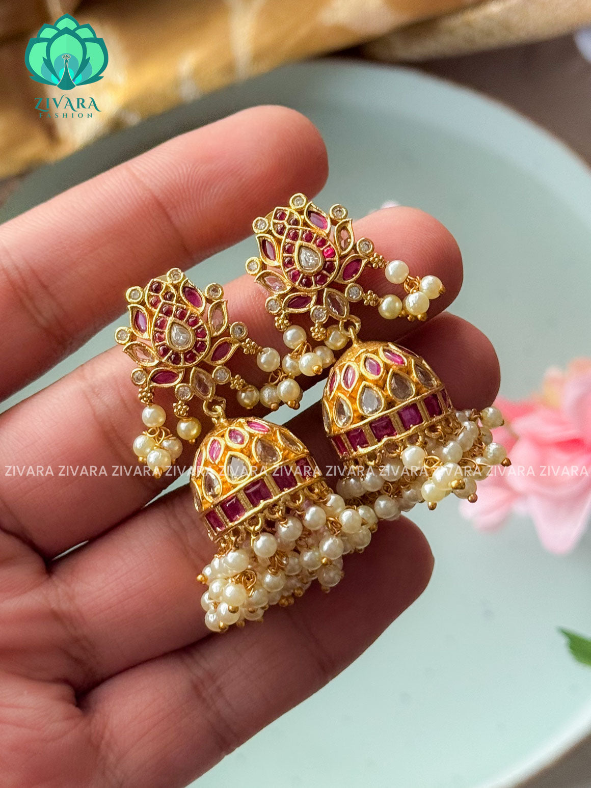 Meena -Ruby - Latest design Real kemp lotus jhumka 2 - TRADITIONAL PREMIUM MATTE polish JHUMKA- latest jewellery collection- zivara fashion