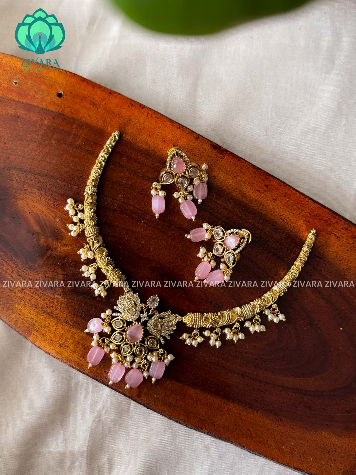 PASTEL PINK- PEACOCK- BRILLIANT finish horn neckwear with earrings  -  latest pocket friendly south indian jewellery collection