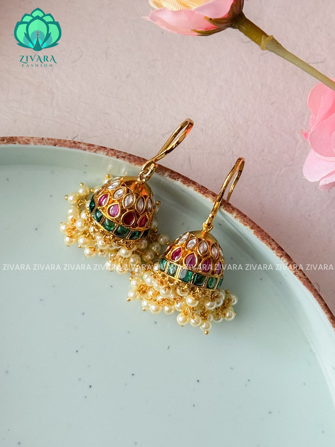 RUBY  AND GREEN stone hook type - TRADITIONAL PREMIUM MATTE  polish JHUMKA- latest jewellery collection- zivara fashion