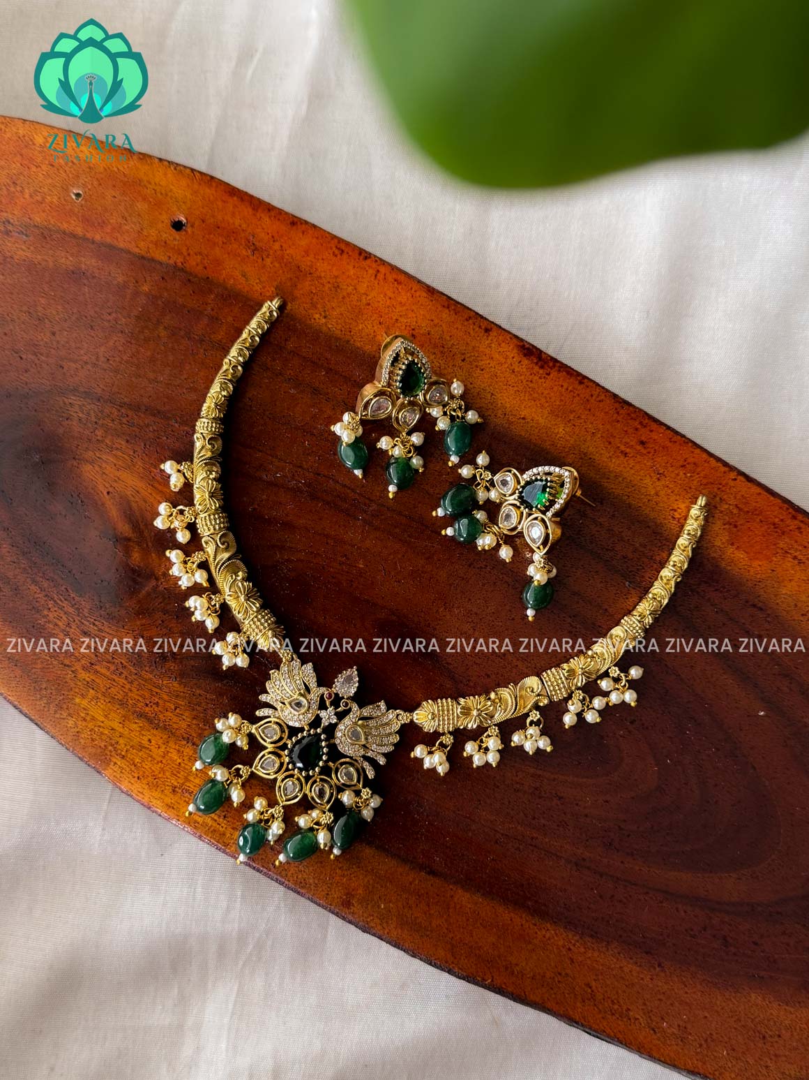 GREEN- PEACOCK- BRILLIANT finish horn neckwear with earrings  -  latest pocket friendly south indian jewellery collection