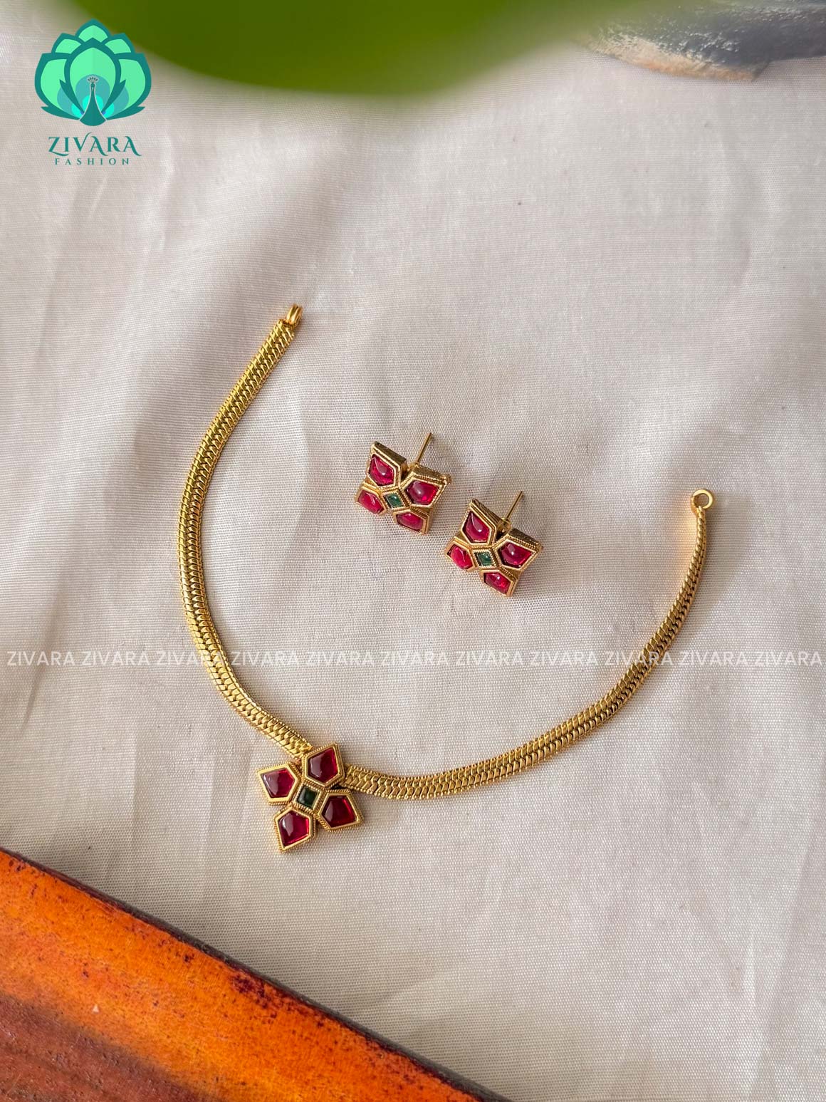 RUBY AND GREEN - Flexible chain DIAMOND  MOTIF NORMAL MATTE neckwear with earrings- Zivara Fashion- latest jewellery design