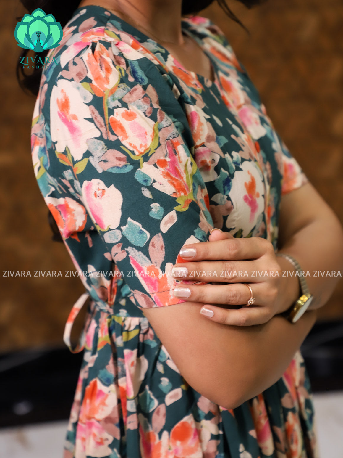 Aalia- Green floral cotton long maxi for women- Label Zivara