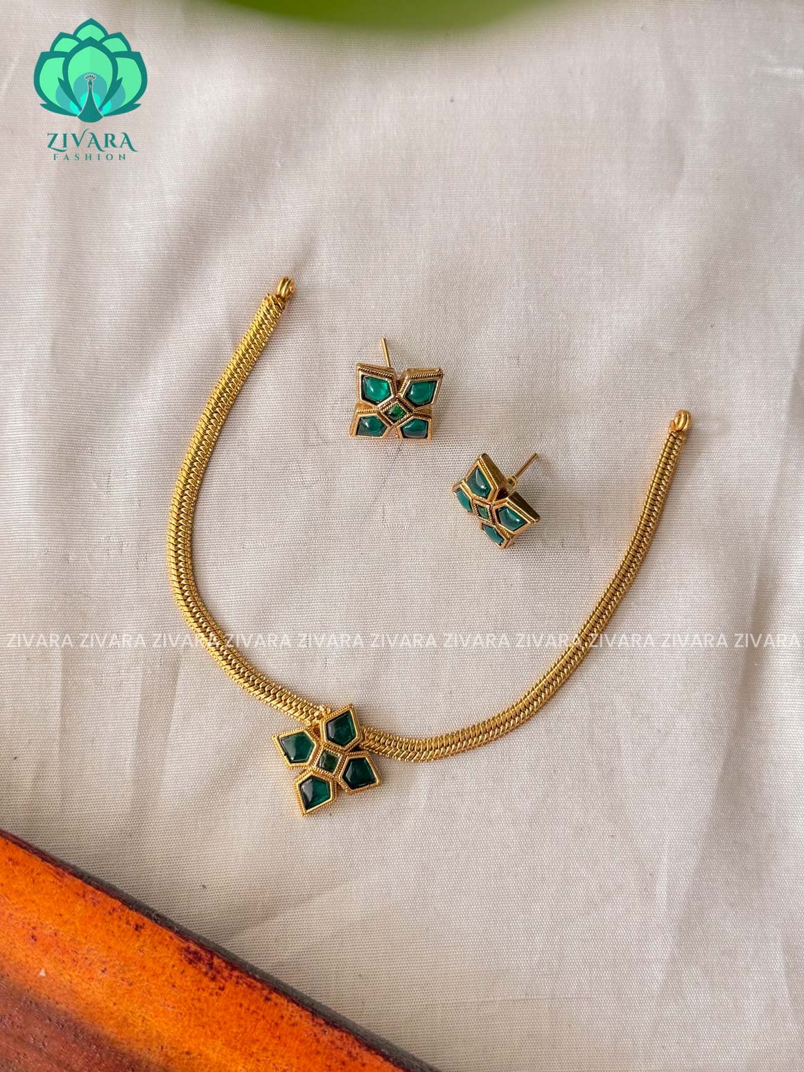 GREEN - Flexible chain DIAMOND  MOTIF NORMAL MATTE neckwear with earrings- Zivara Fashion- latest jewellery desiGN