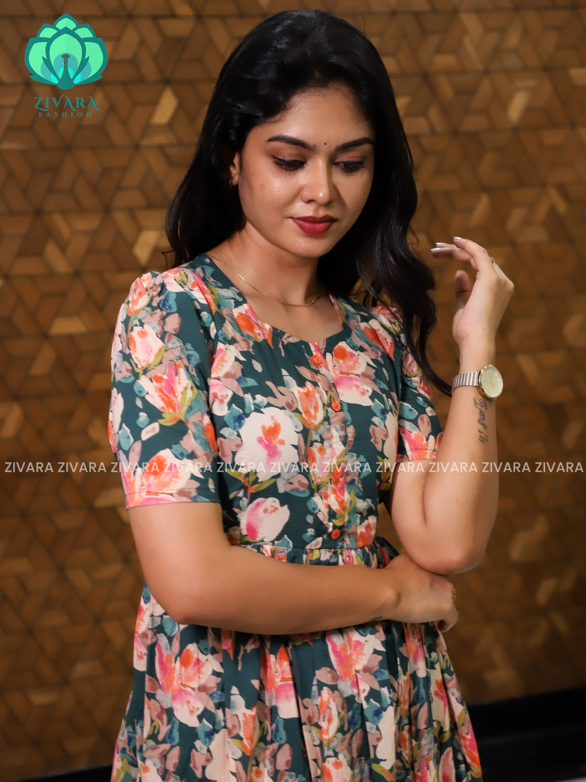 Aalia- Green floral cotton long maxi for women- Label Zivara