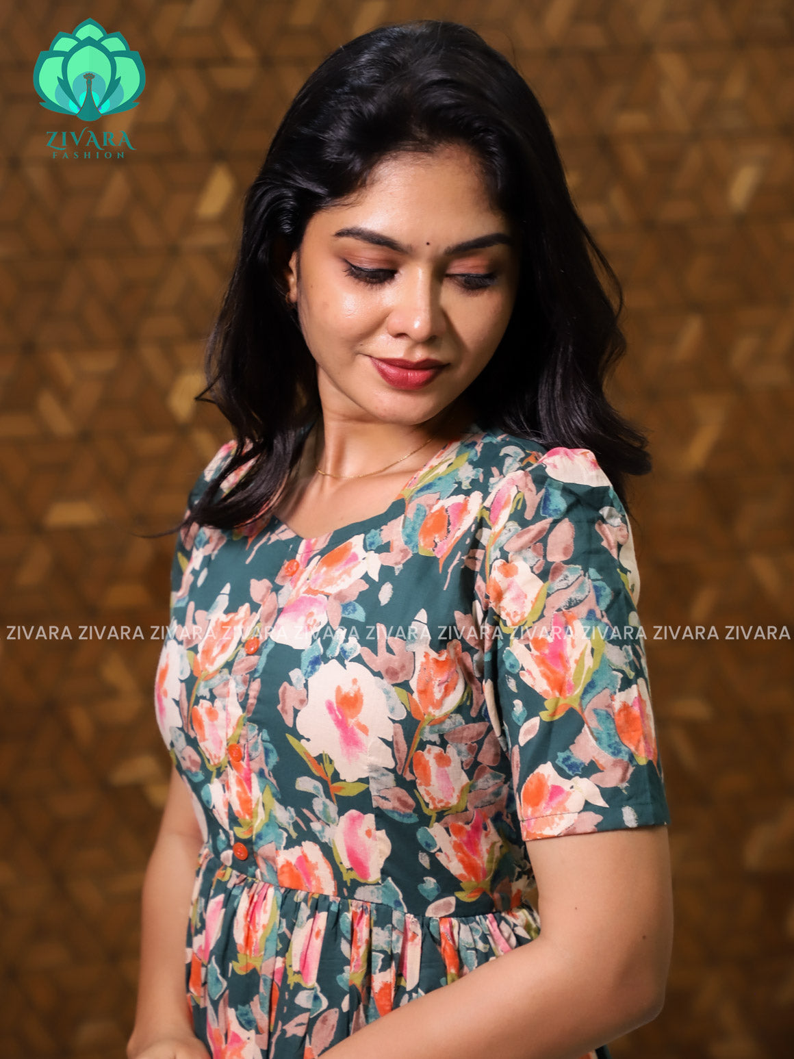 Aalia- Green floral cotton long maxi for women- Label Zivara
