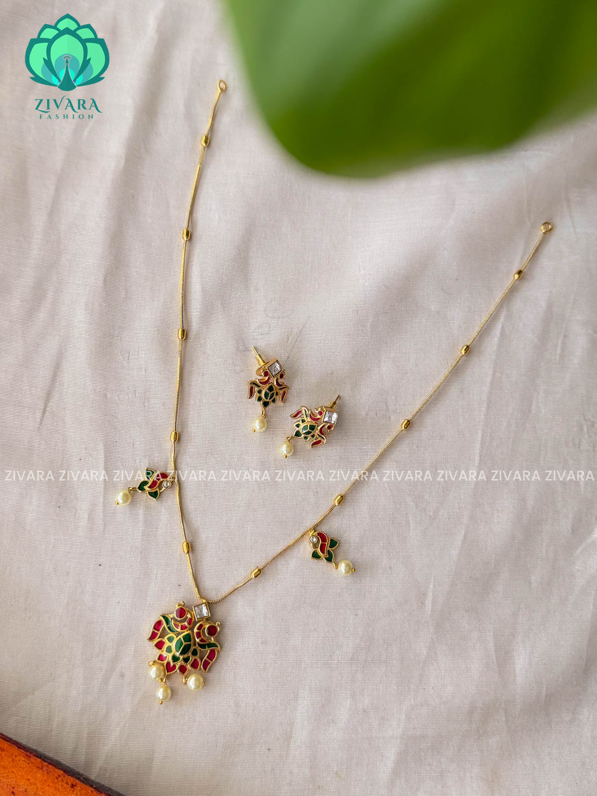 ENAMEL PEACOCK THIN CHAIN  -Traditional south indian premium neckwear with earrings- Zivara Fashion- latest jewellery design.