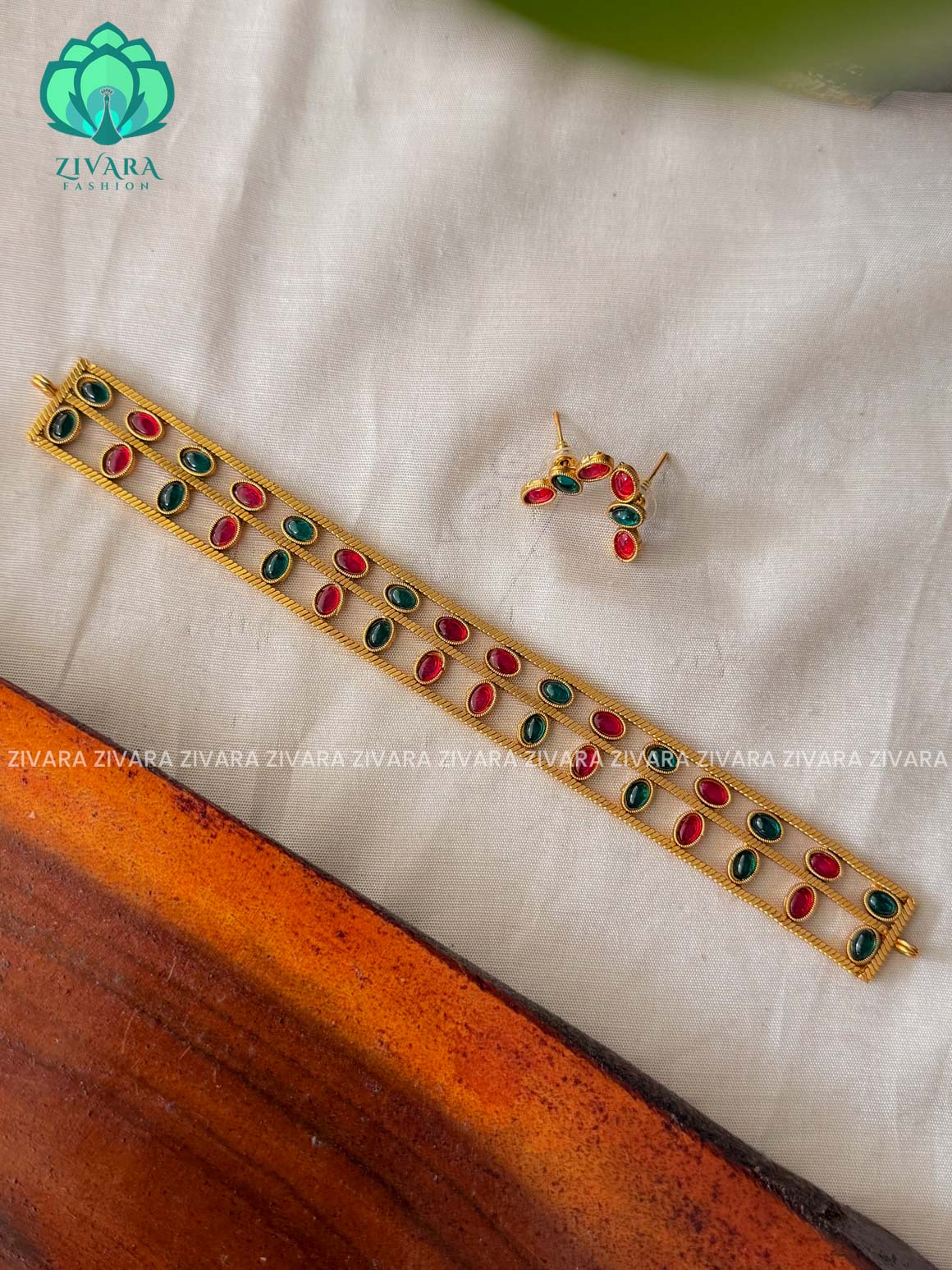 Simple Ruby line - Traditional south indian NORMAL MATTE choker with earrings - Zivara Fashion