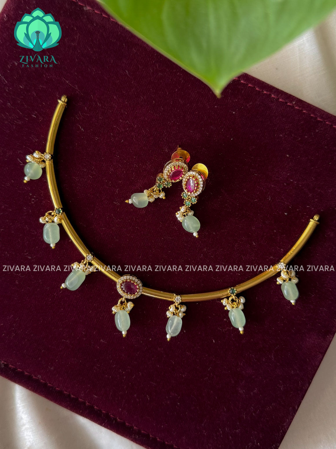 PASTEL GREEN AND RUBY WITH OVAL STONE - Simple beads hanging Traditional south indian premium neckwear with earrings- Zivara Fashion- latest jewellery design