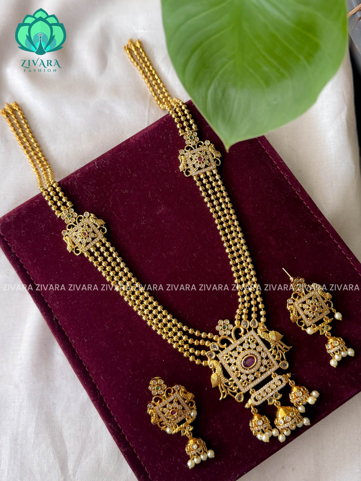 RUBY- SQUARE PENDANT BALL CHAIN - Traditional PREMIUM MATTE polish MIDCHEST haaram/neckwear with earrings- Zivara Fashion