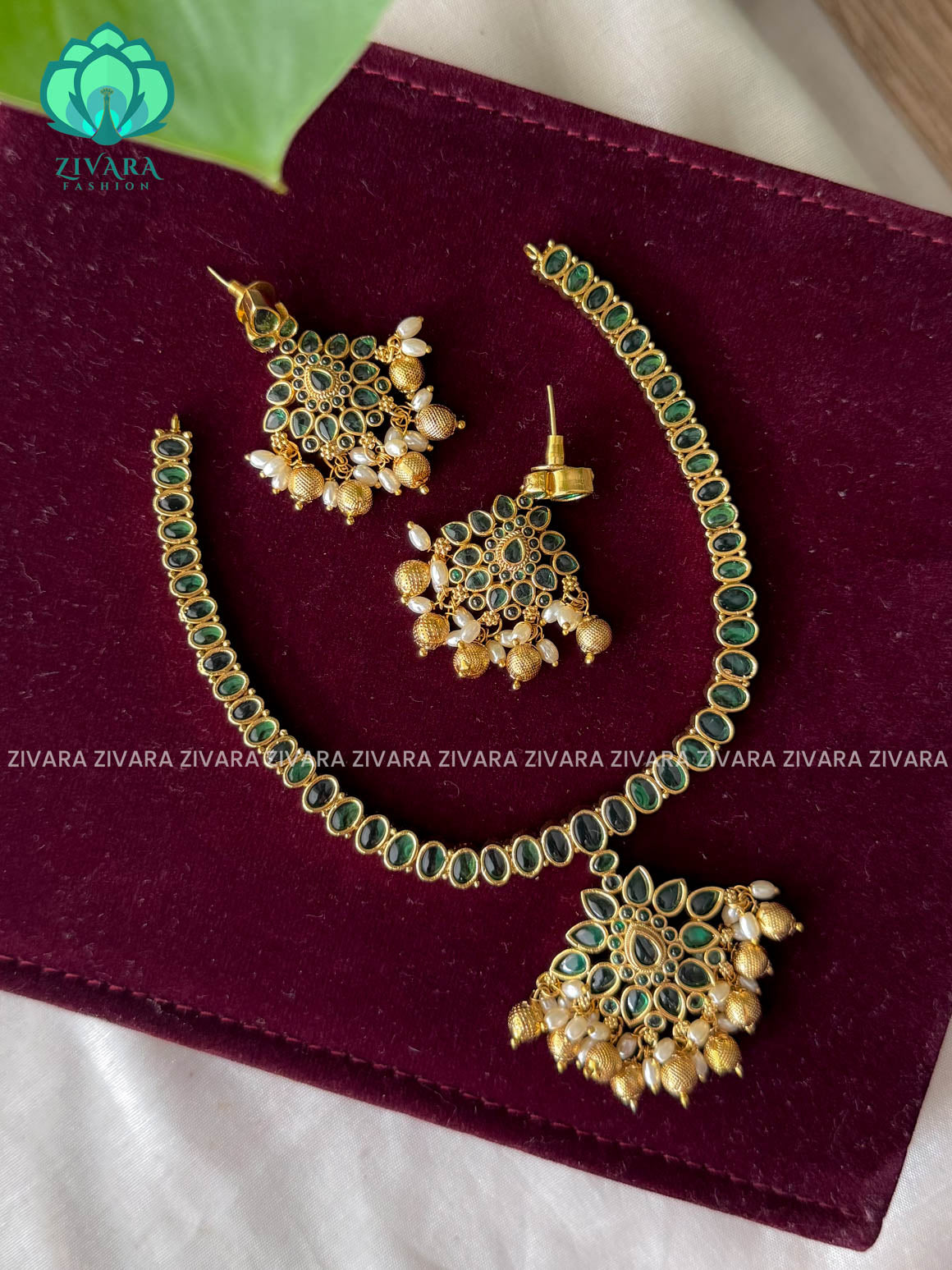 GREEN  stone pendant-attigai - Traditional south indian premium neckwear with earrings- Zivara Fashion- latest jewellery design