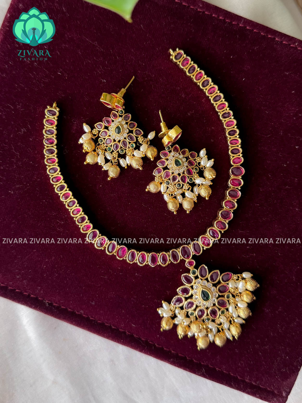 Ruby and green stone pendant-attigai - Traditional south indian premium neckwear with earrings- Zivara Fashion- latest jewellery design