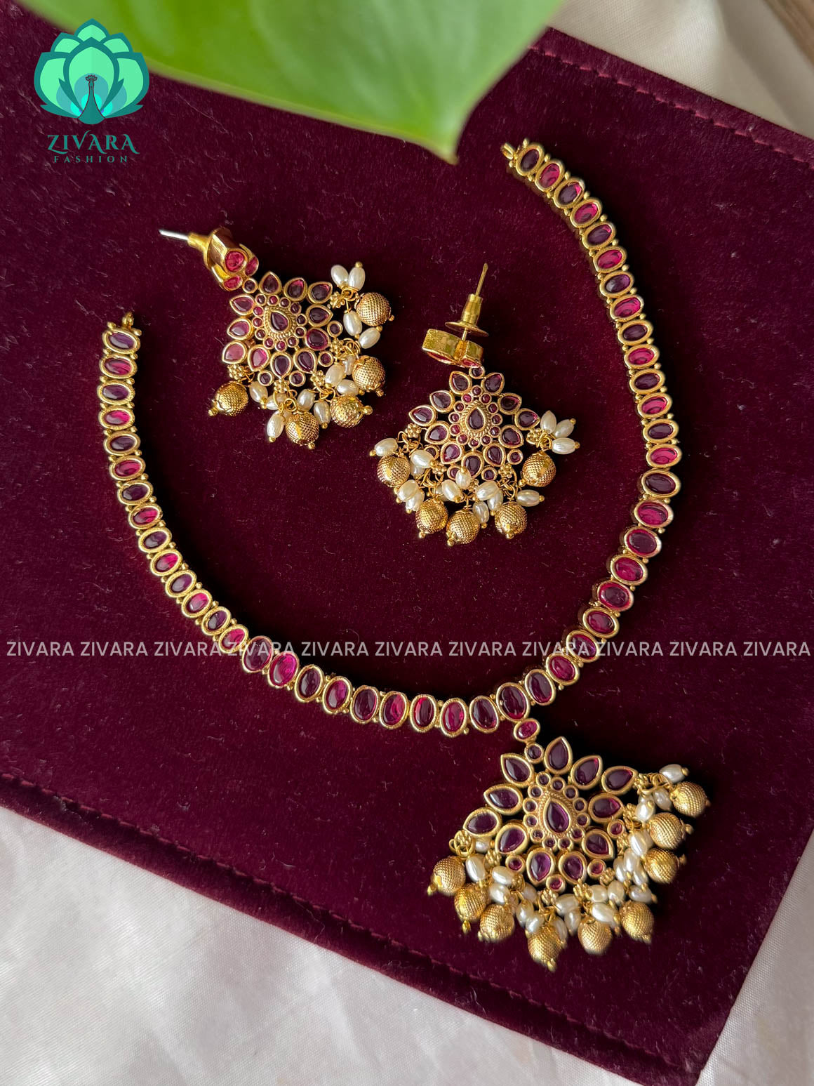 Ruby  stone pendant-attigai - Traditional south indian premium neckwear with earrings- Zivara Fashion- latest jewellery design