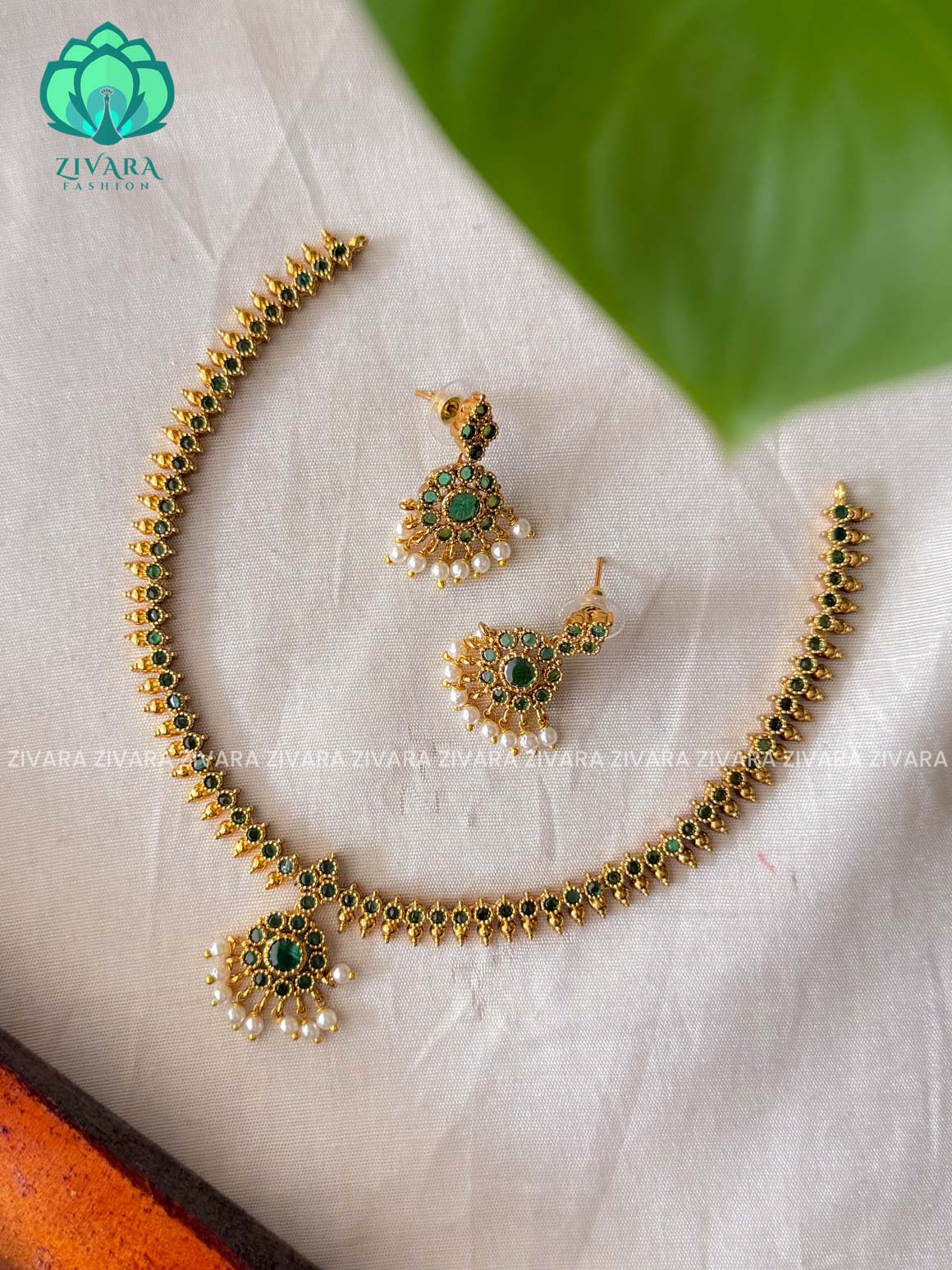 GREEN Stone- ATTIGAI -Traditional south indian premium neckwear with earrings- Zivara Fashion- latest jewellery design.