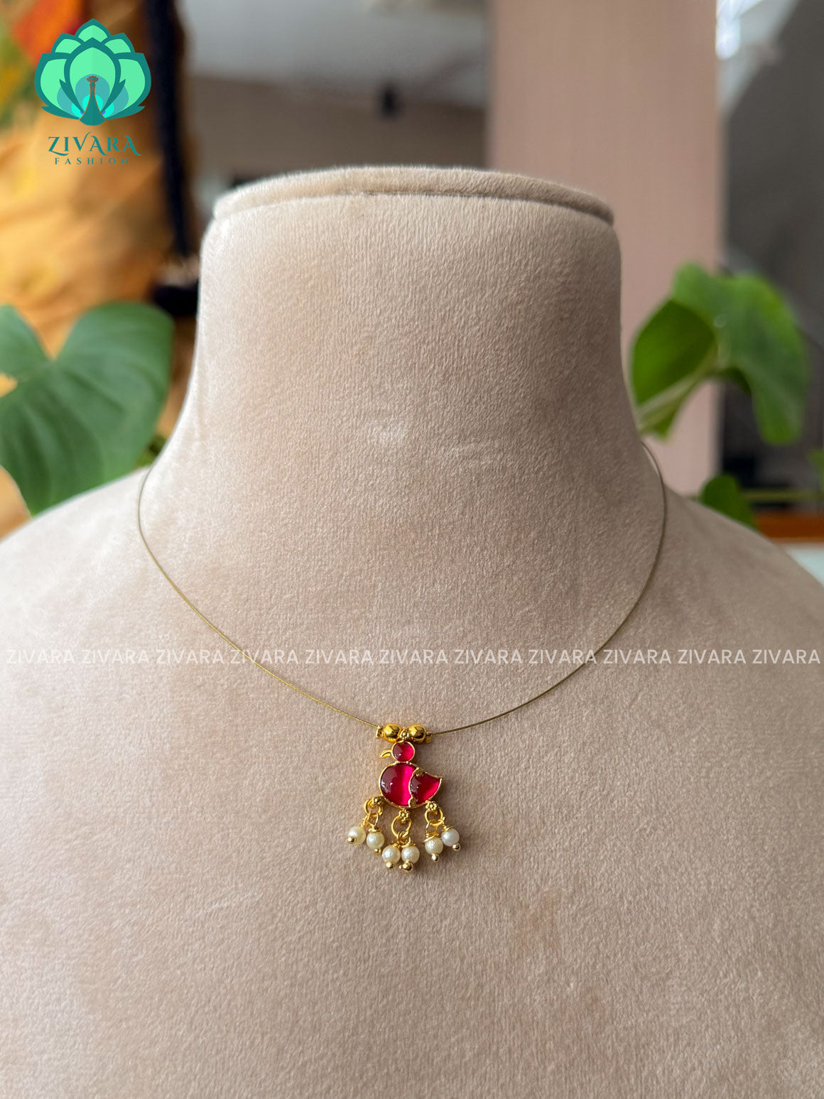 PINK -TAMARA- SINGLE DUCK  INVISIBLE MINIMAL ELEGANT HANDMADE NECKLACE WITH BRILLIANT FINISH MOTIFS- ZIVARA FASHION