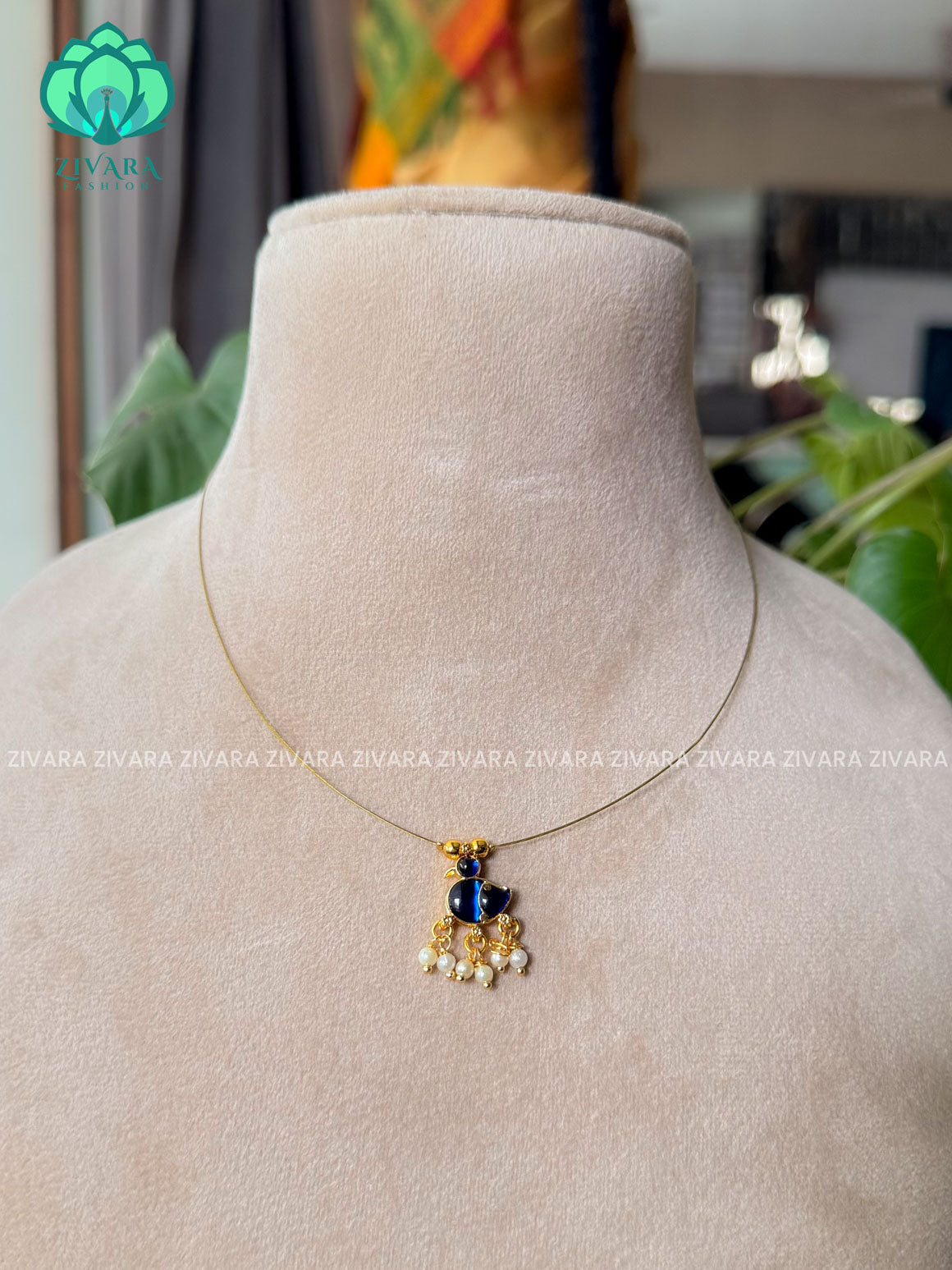 BLUE -TAMARA- SINGLE DUCK  INVISIBLE MINIMAL ELEGANT HANDMADE NECKLACE WITH BRILLIANT FINISH MOTIFS- ZIVARA FASHION