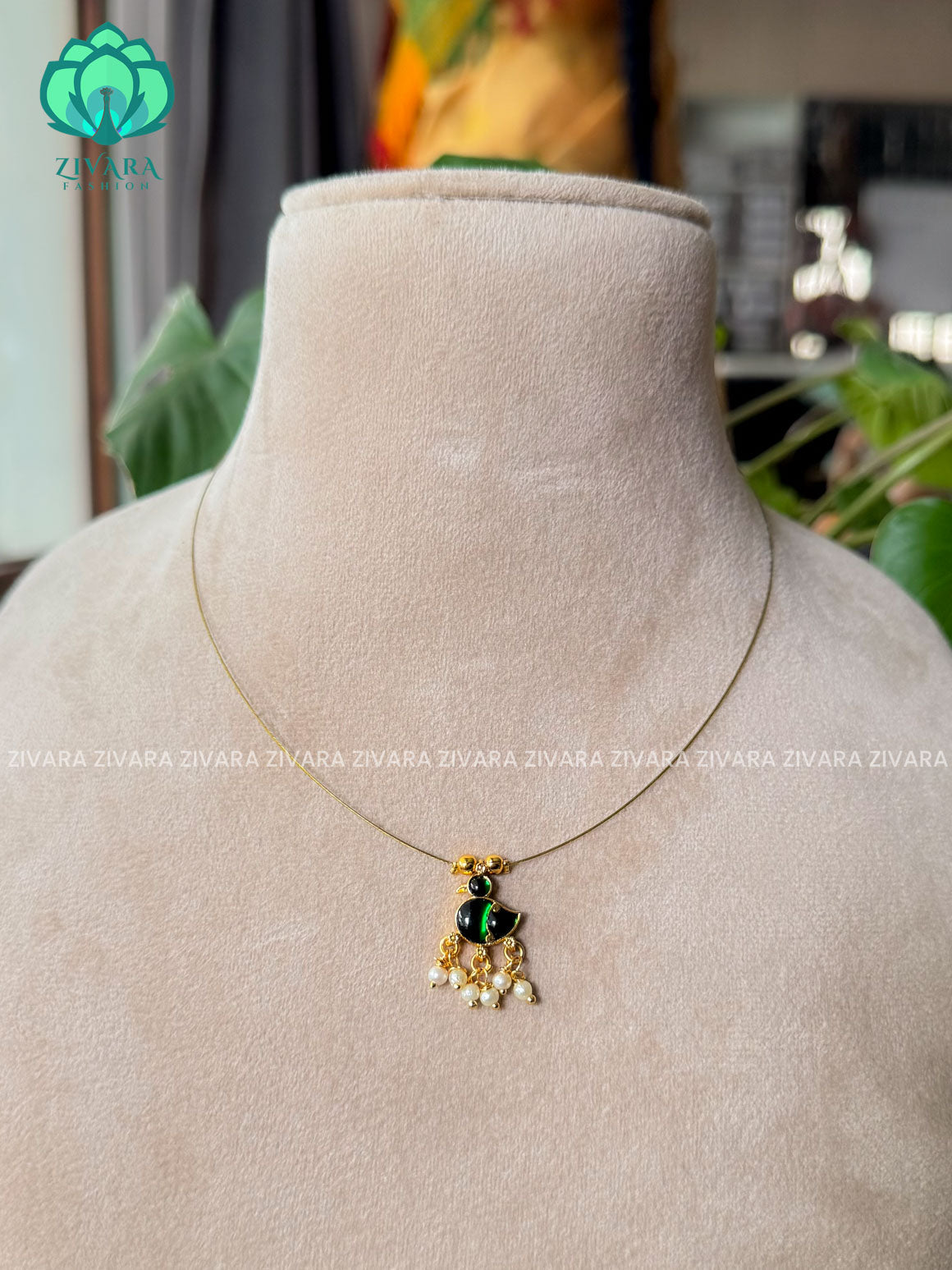 GREEN -TAMARA- SINGLE DUCK  INVISIBLE MINIMAL ELEGANT HANDMADE NECKLACE WITH BRILLIANT FINISH MOTIFS- ZIVARA FASHION