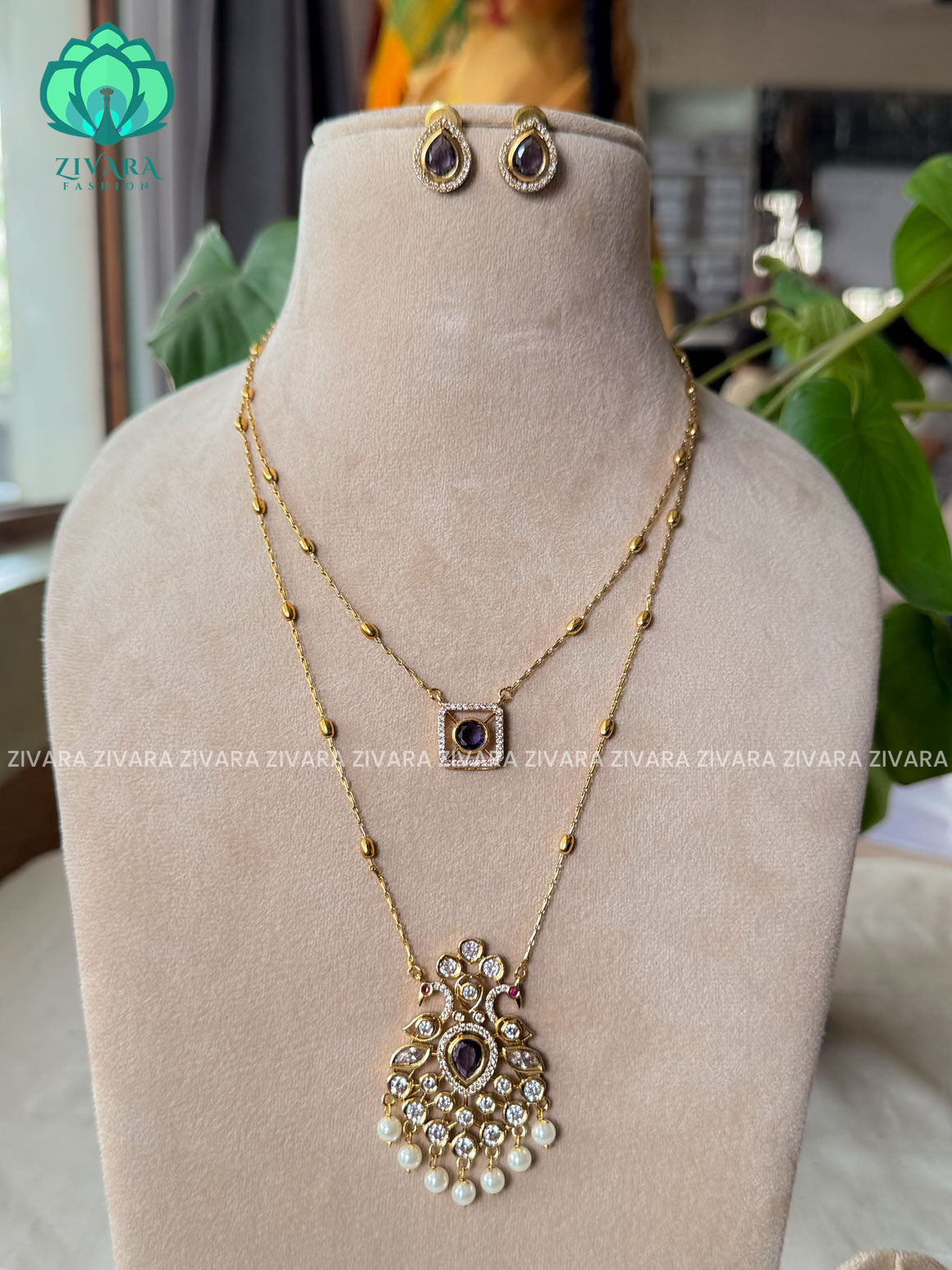 PURPLE - DOUBLE LAYER PEACOCK THIN PARROT CHAIN  -Traditional south indian premium neckwear with earrings- Zivara Fashion- latest jewellery design.