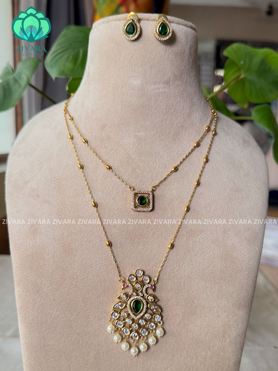 GREEN- DOUBLE LAYER PEACOCK THIN PARROT CHAIN  -Traditional south indian premium neckwear with earrings- Zivara Fashion- latest jewellery design.