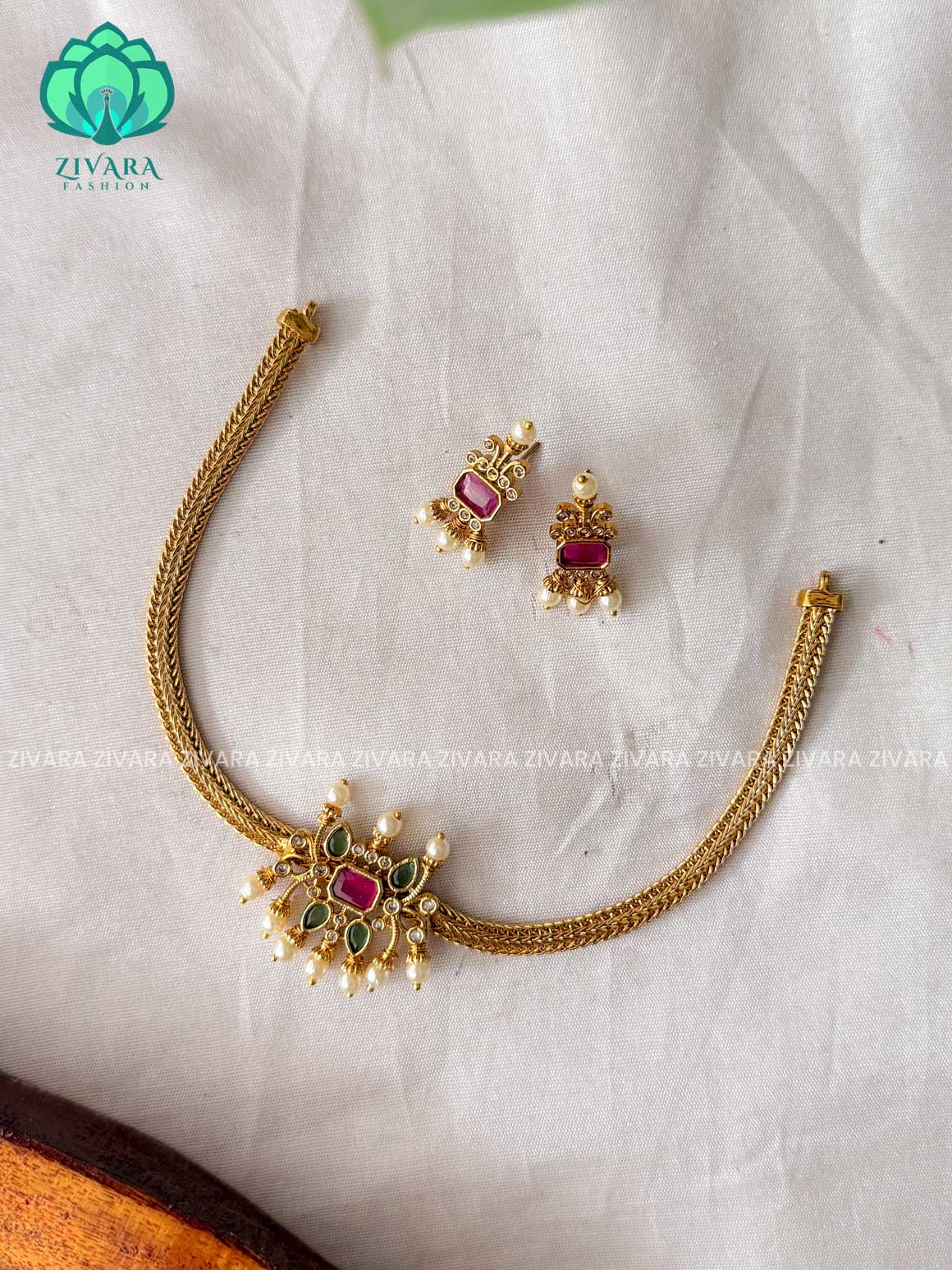 KIDS FRIENDLY Flexible chain  RECTANGLE pendant-Traditional south indian premium neckwear with earrings- Zivara Fashion- latest jewellery design.