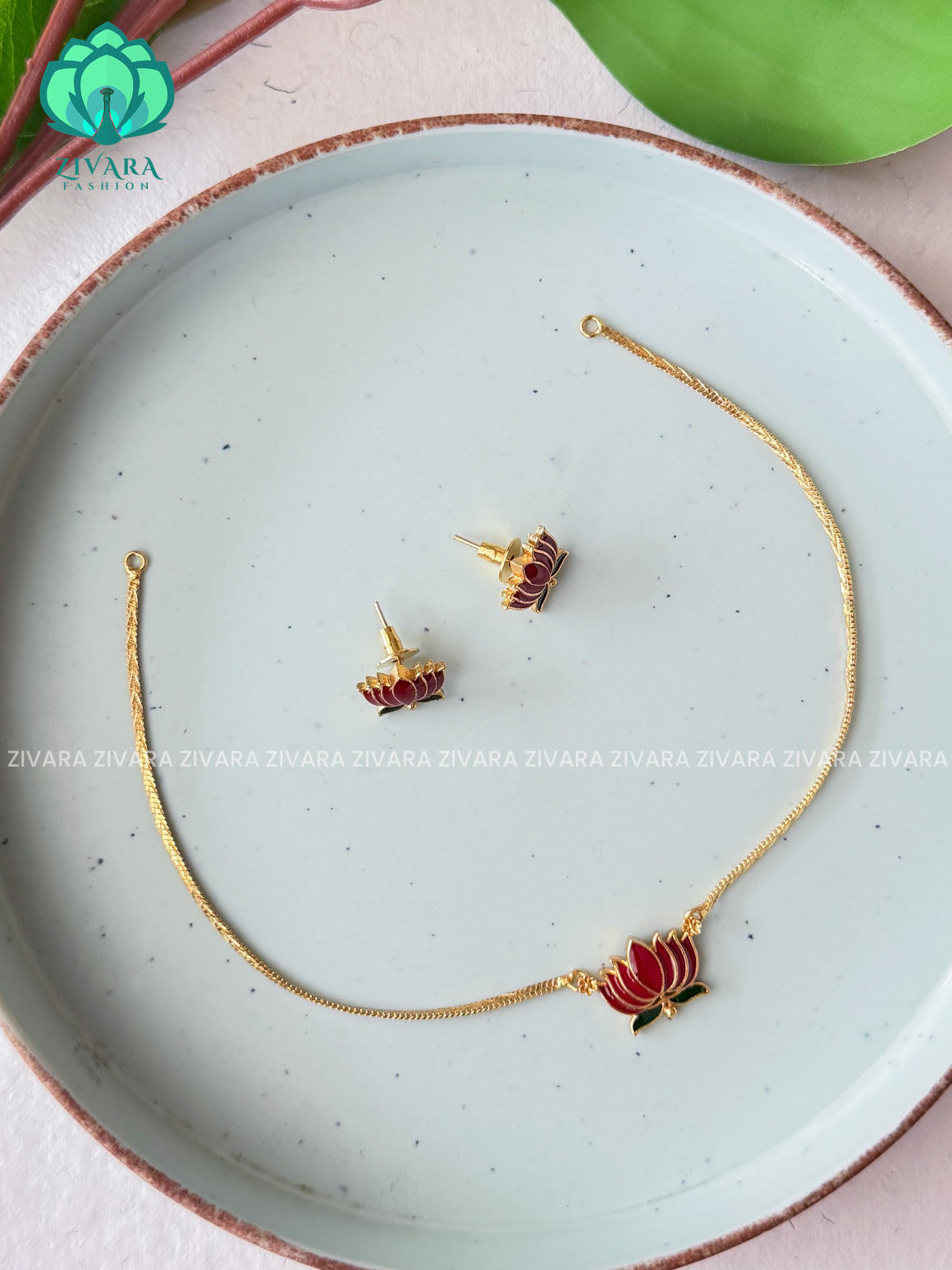 MANJU WARRIER INSPIRED LOTUS ENAMEL  - kids friendly stylish and minimal elegant neckwear with earrings- Zivara Fashion