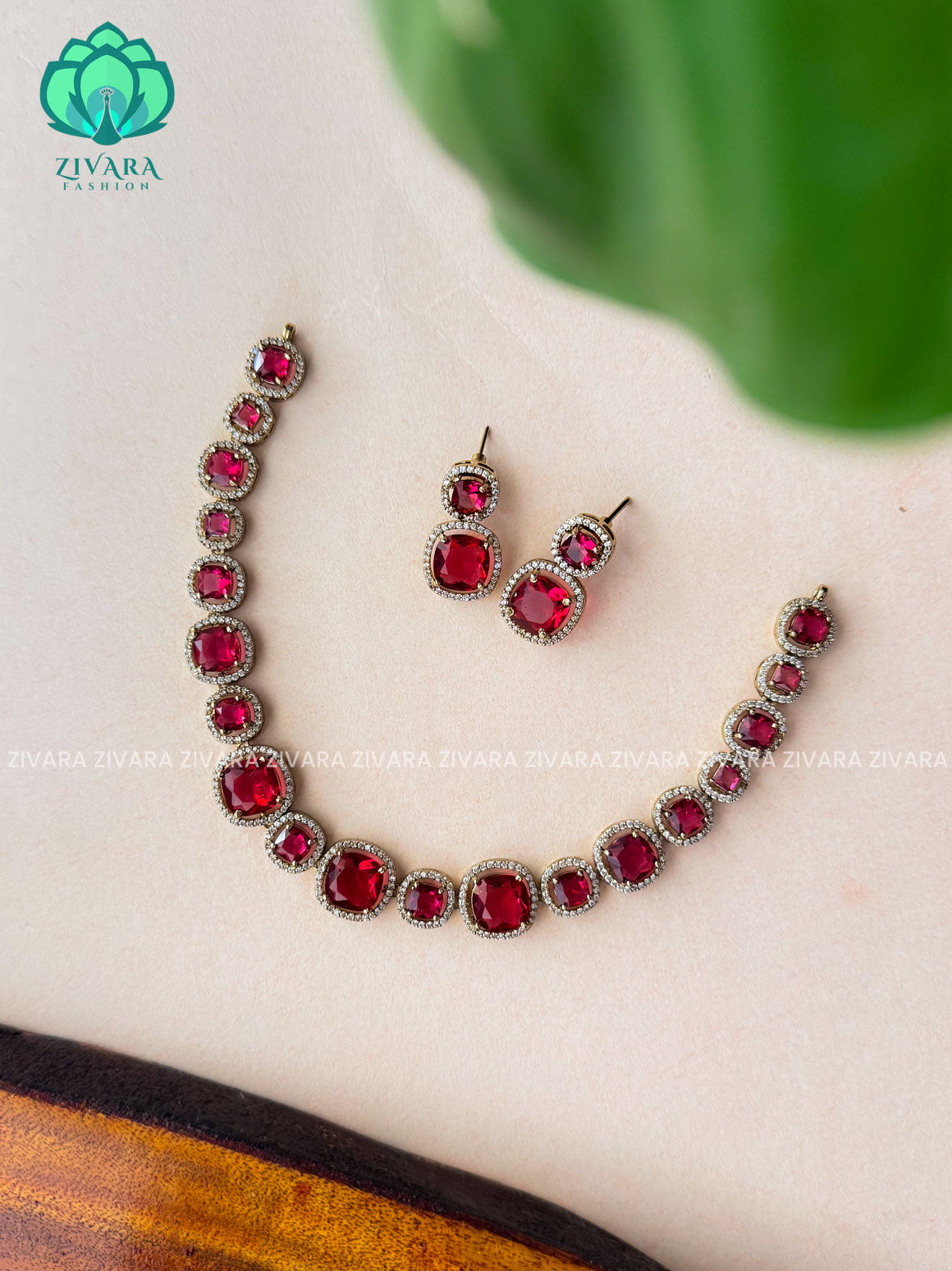 RUBY stone square  - stylish and minimal elegant neckwear with earrings- Zivara Fashion