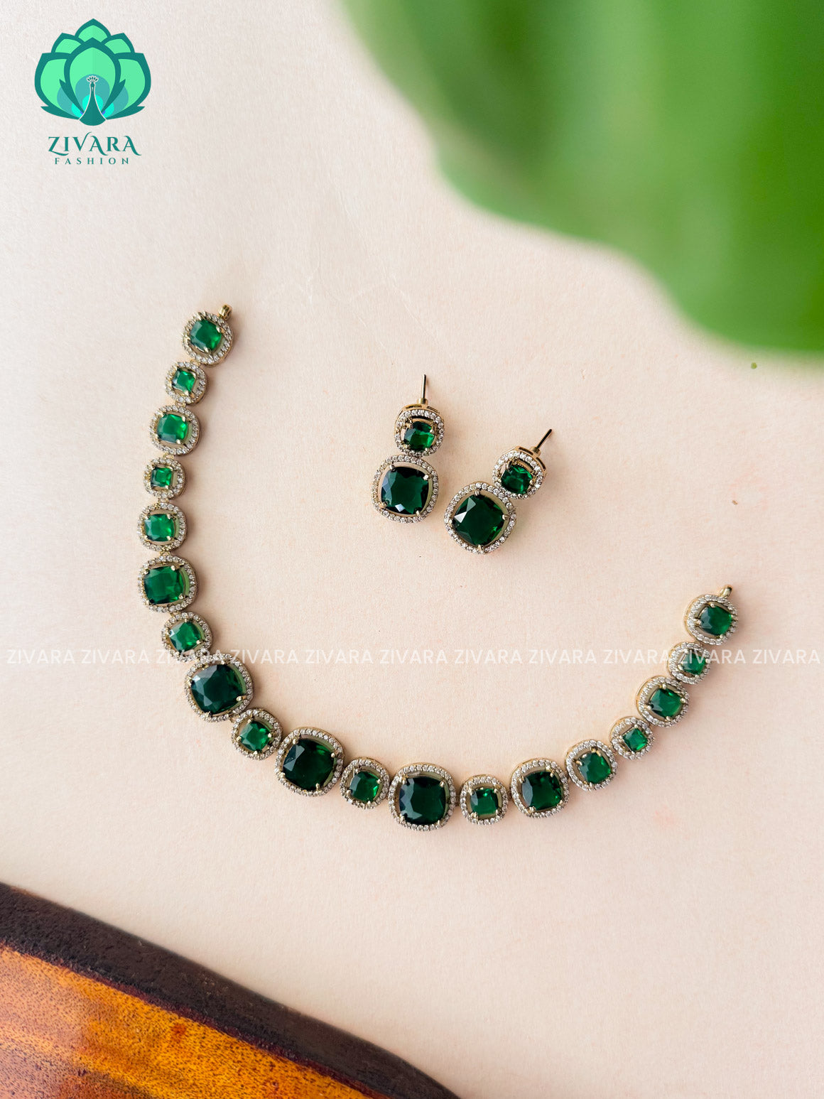 GREEN stone square  - stylish and minimal elegant neckwear with earrings- Zivara Fashion