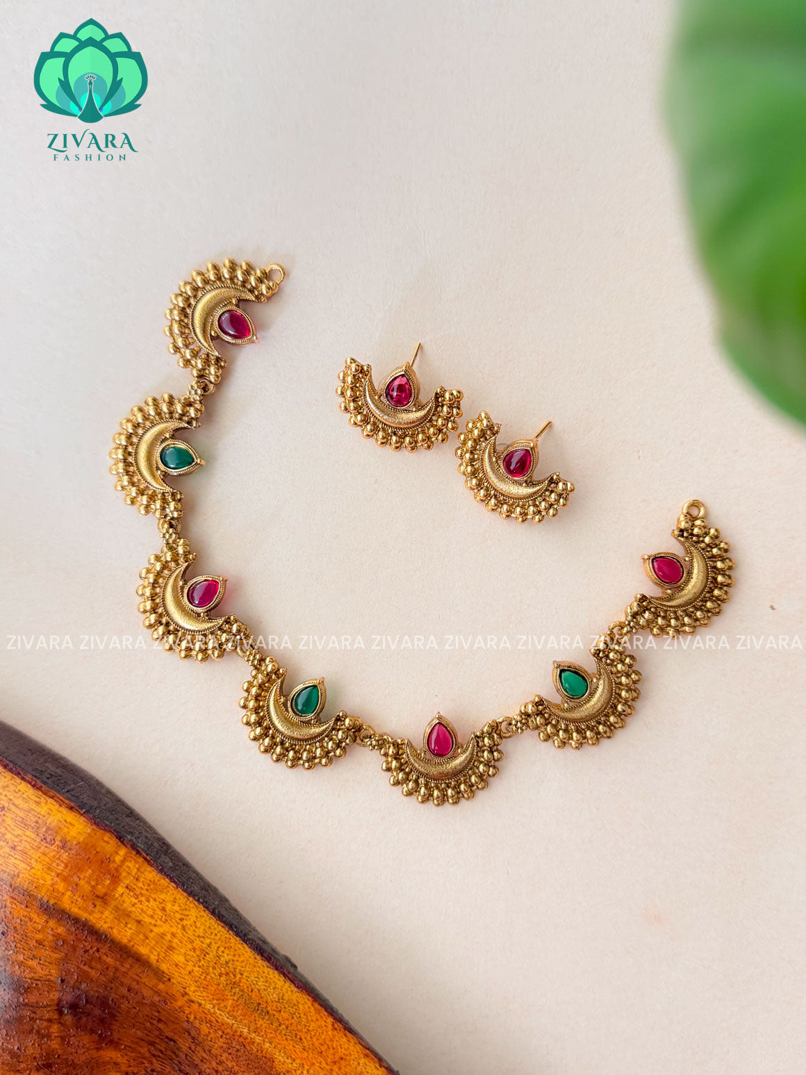 RUBY GREEN MOON  NORMAL MATTE neckwear with earrings- Zivara Fashion- latest jewellery design