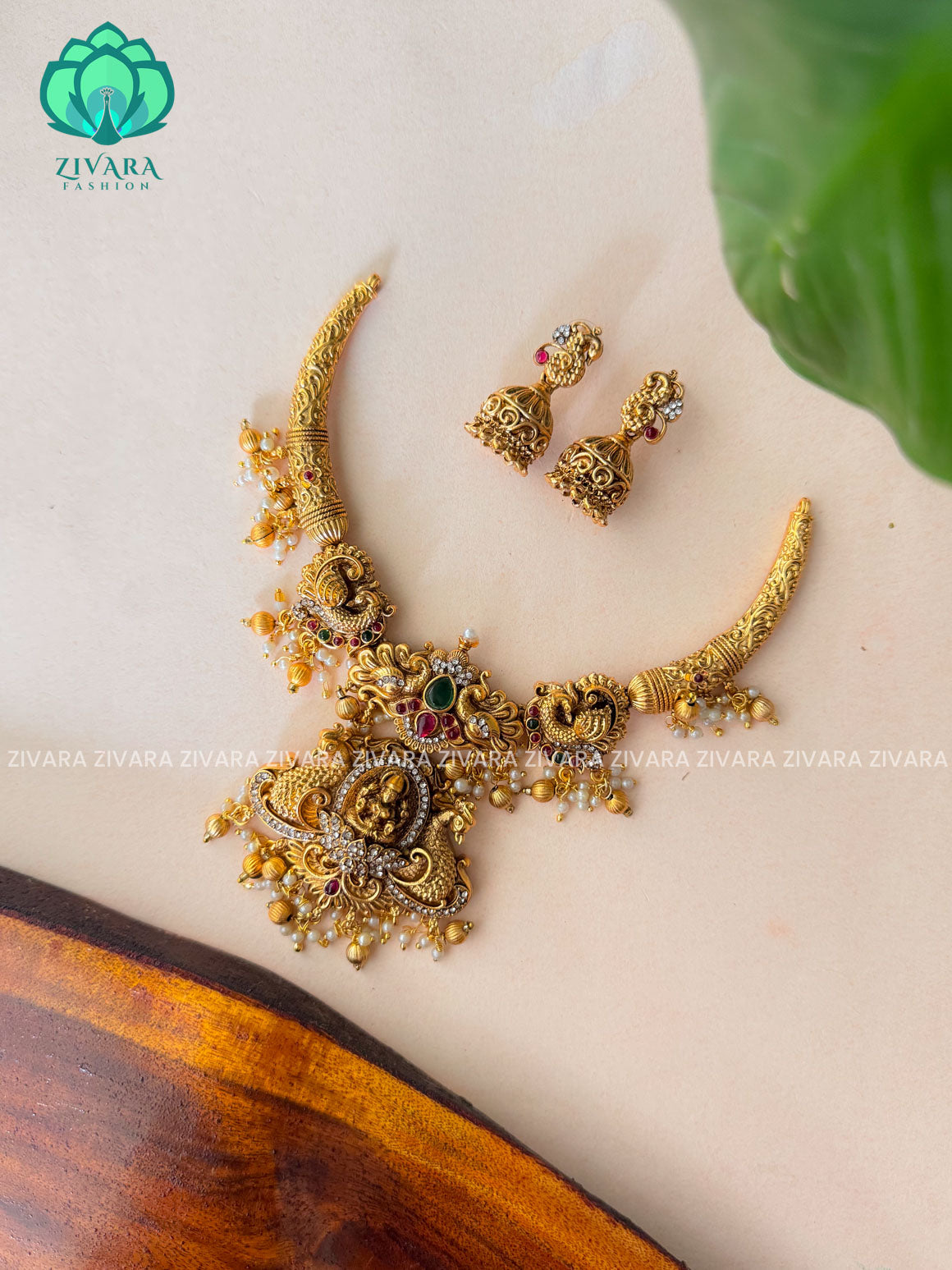 GREEN BEADS HEAVY TEMPLE NORMAL MATTE neckwear with earrings- Zivara Fashion- latest jewellery design