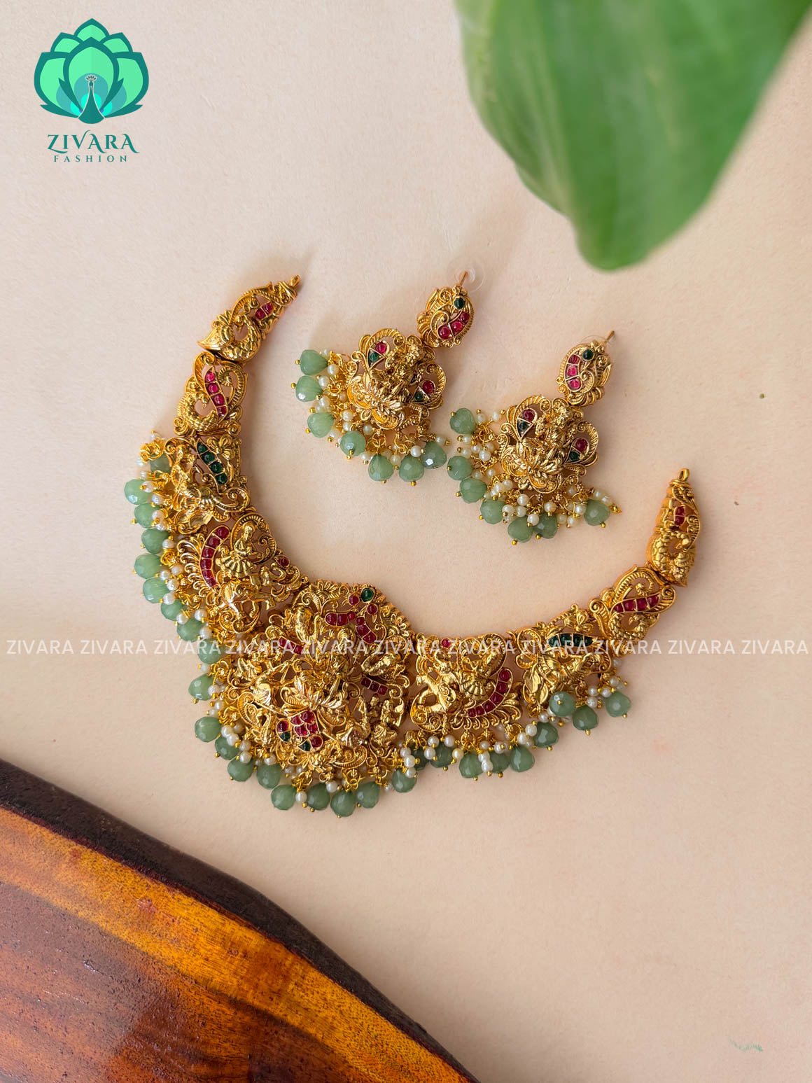 GREEN BEADS HEAVY TEMPLE NORMAL MATTE neckwear with earrings- Zivara Fashion- latest jewellery design