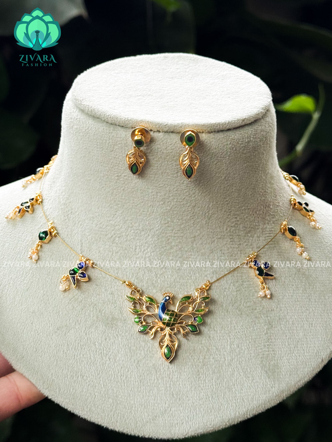 Enamel peacock with earrings - TAMARA  INVISIBLE MINIMAL ELEGANT HANDMADE NECKLACE WITH BRILLIANT FINISH MOTIFS  with earrings- ZIVARA FASHION