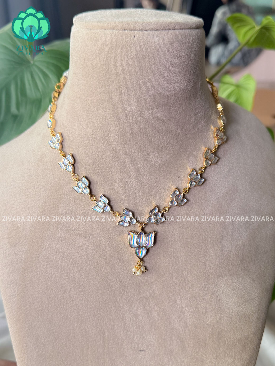 WHITE - TAMARA-  LOTUS HANDMADE NECKLACE WITH BRILLIANT FINISH MOTIFS- ZIVARA FASHION