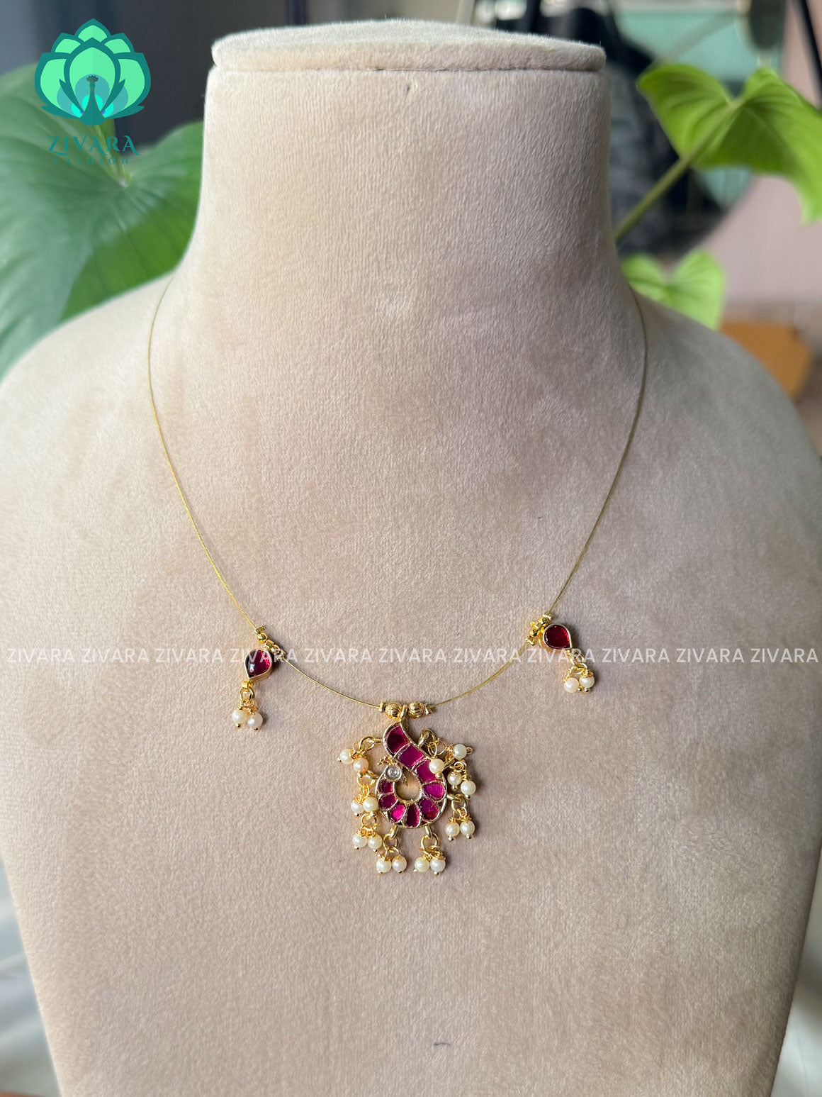 PINK - TAMARA - BIG PEACOCK - INVISIBLE MINIMAL ELEGANT HANDMADE NECKLACE WITH BRILLIANT FINISH MOTIFS- ZIVARA FASHION