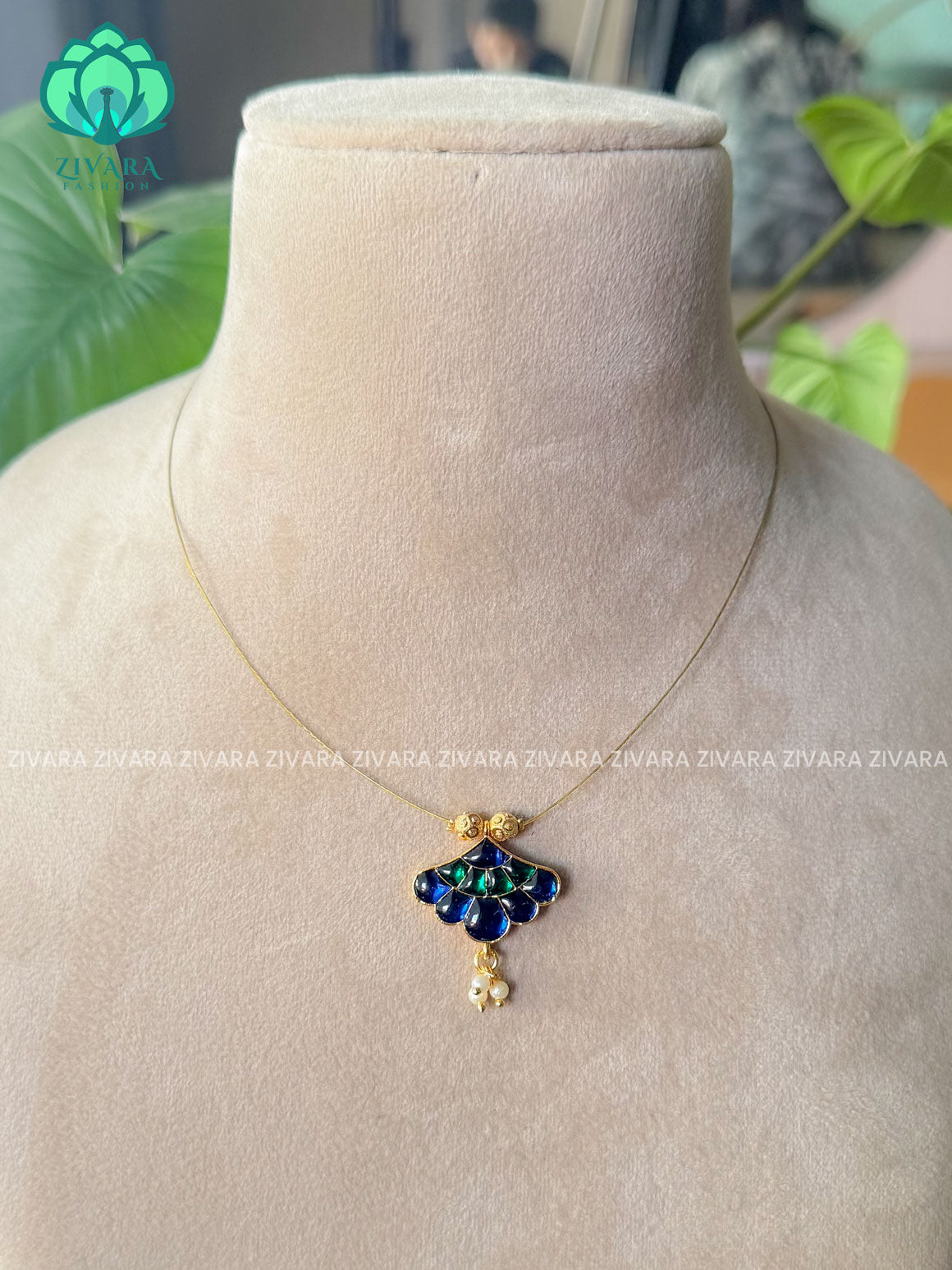 Blue and Green - FAN TAMARA - INVISIBLE MINIMAL ELEGANT HANDMADE NECKLACE WITH BRILLIANT FINISH MOTIFS- ZIVARA FASHION