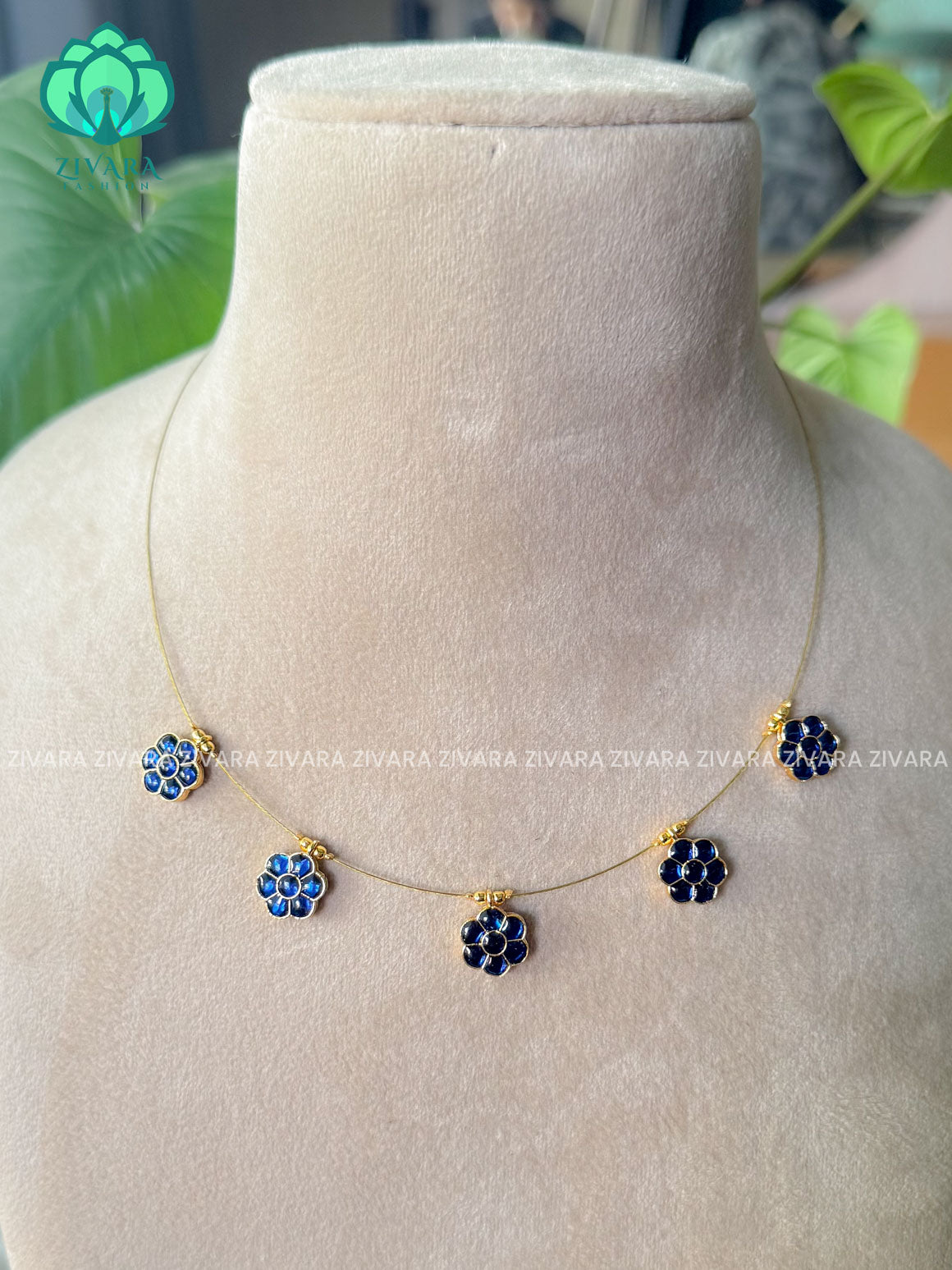 BLUE FLOWER   TAMARA INVISIBLE MINIMAL ELEGANT HANDMADE NECKLACE WITH BRILLIANT FINISH MOTIFS- ZIVARA FASHION