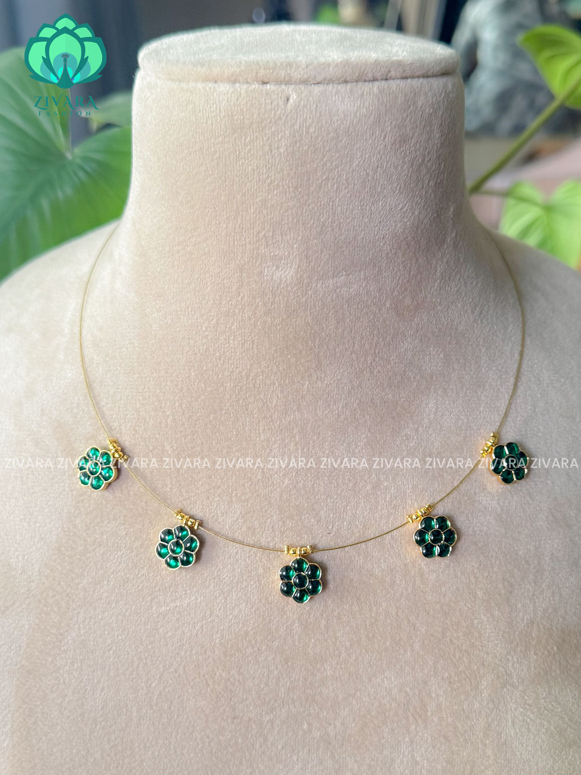 GREEN  FLOWER   TAMARA INVISIBLE MINIMAL ELEGANT HANDMADE NECKLACE WITH BRILLIANT FINISH MOTIFS- ZIVARA FASHION