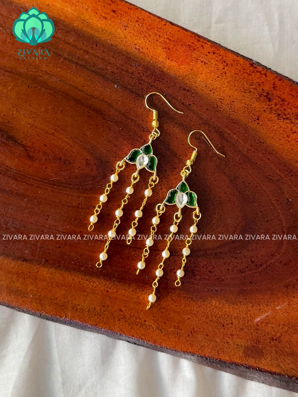 Green and White - Tamara Cute Jadau Lotus dangler (1.5 inch) - latest jewellery collection- zivara fashion