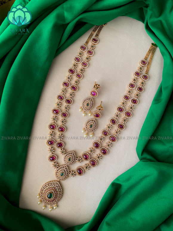 Exuberant bridal long real kemp - Traditional premium long haaram/neckwear with earrings- Zivara Fashion