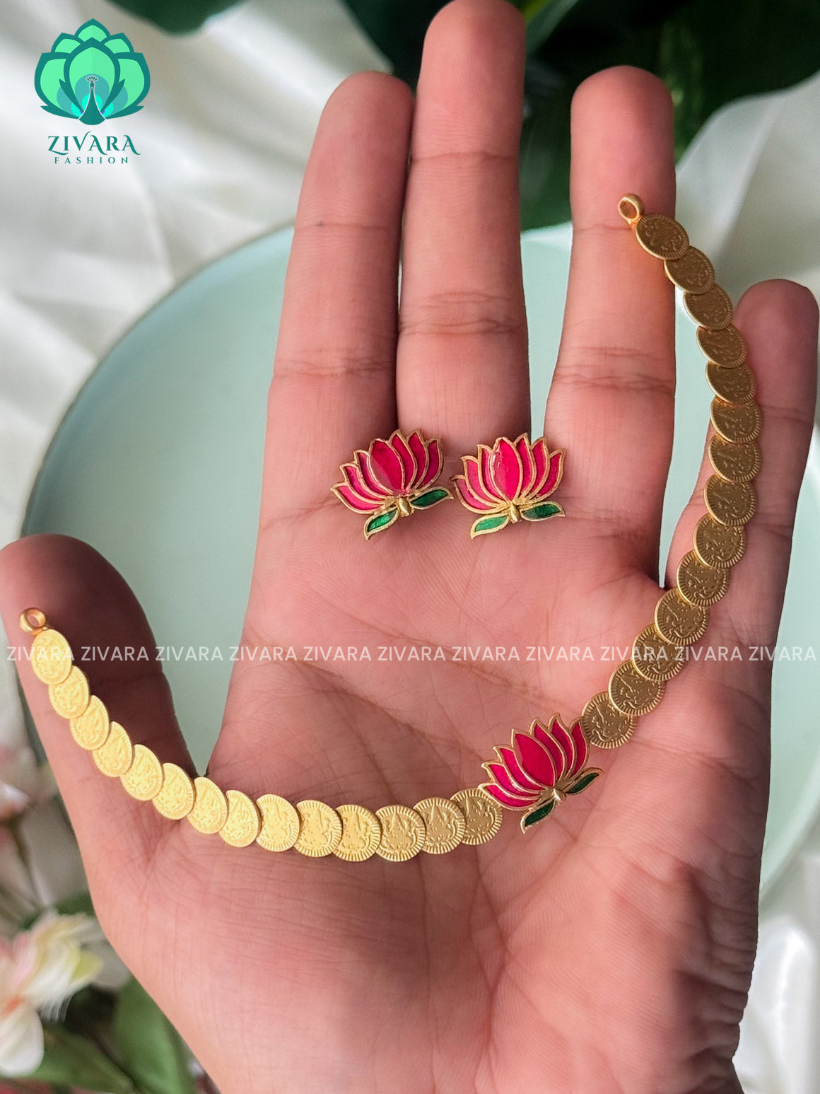 MANJU WARRIER  inspired Trending NORMAL MATTE lotus enamel neckwear with earrings- Zivara Fashion- latest jewellery design