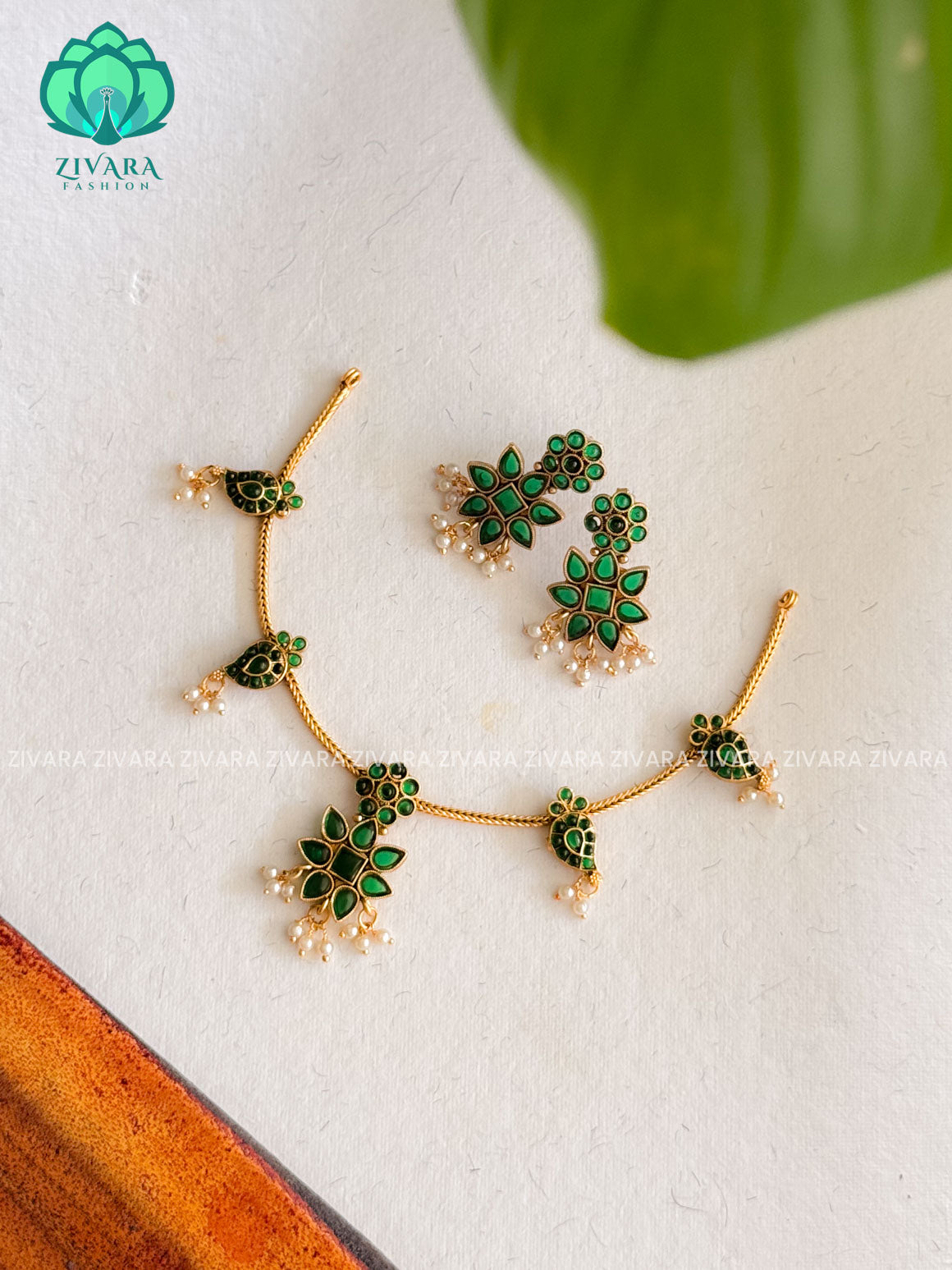 GREEN mango motif pendant with Flexible chain - Traditional south indian NORMAL MATTE PALLAKAD neckwear with earrings - Zivara Fashion