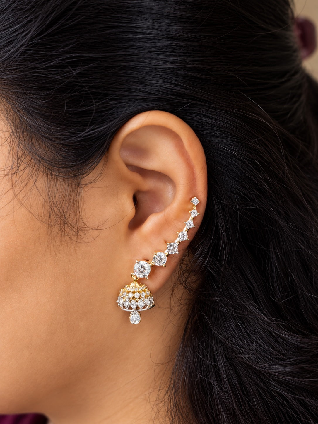 ZYRA- Rhodium polish mini earcuff with jhumka - latest jewellery collection- zivara fashion