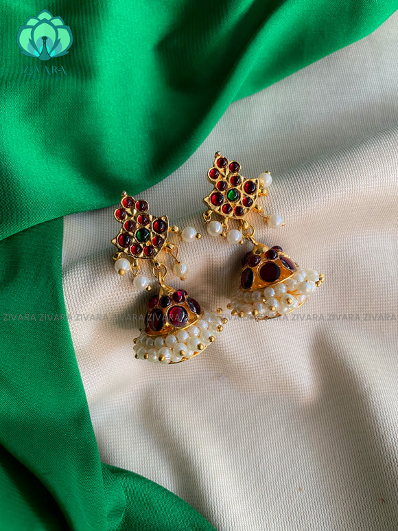 RED AND GREEN- mithra   - HANDMADE JHUMKAS - latest kemp dance jewellery collection