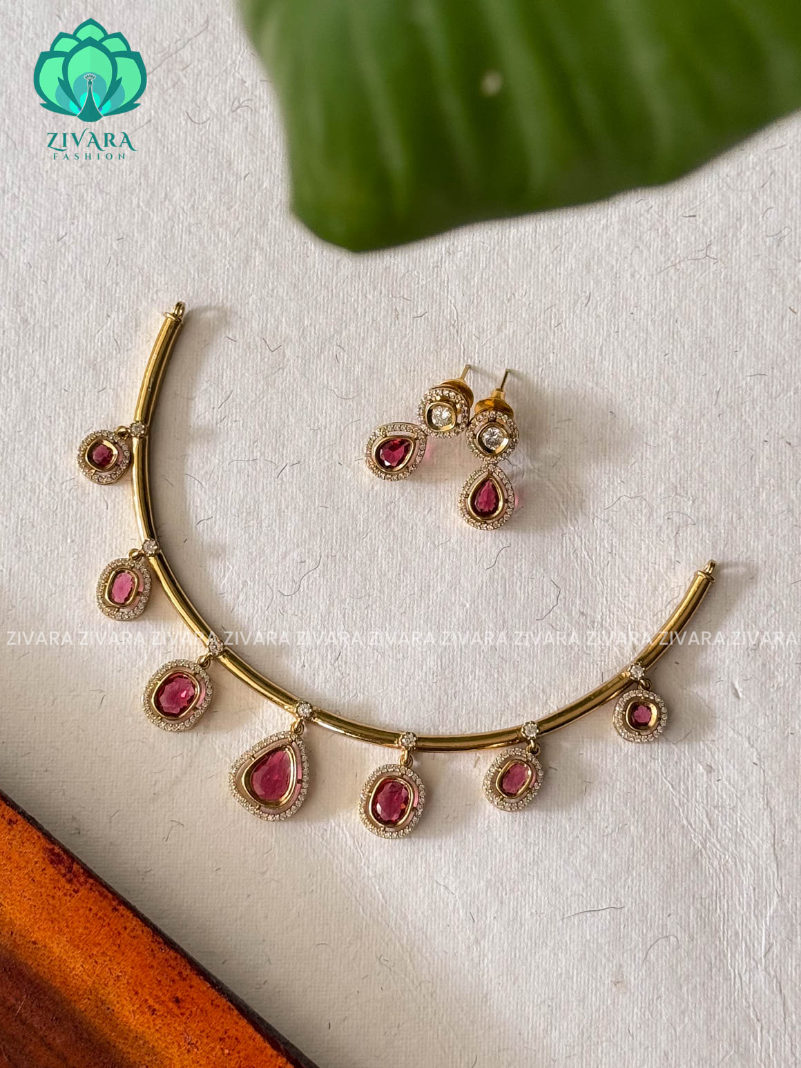 RUBY - Simple HASLI with stone hanging Traditional south indian premium neckwear with earrings- Zivara Fashion