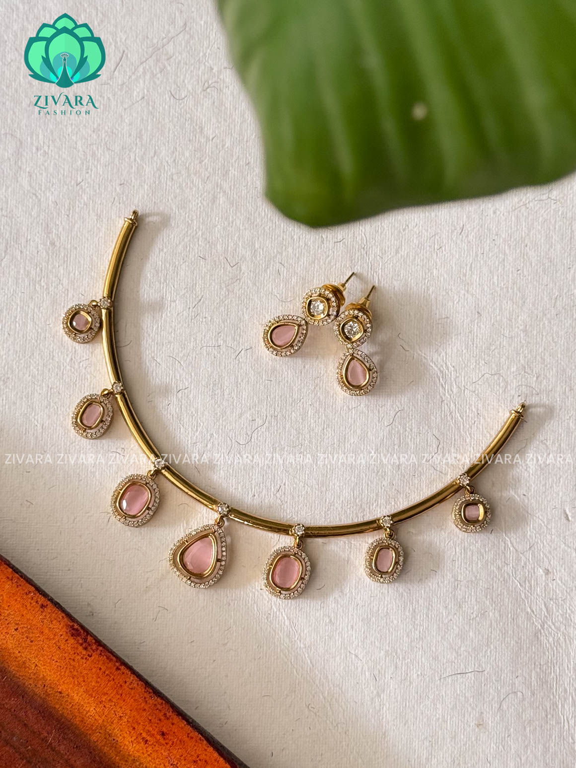 PASTEL PINK - Simple HASLI with stone hanging Traditional south indian premium neckwear with earrings- Zivara Fashion